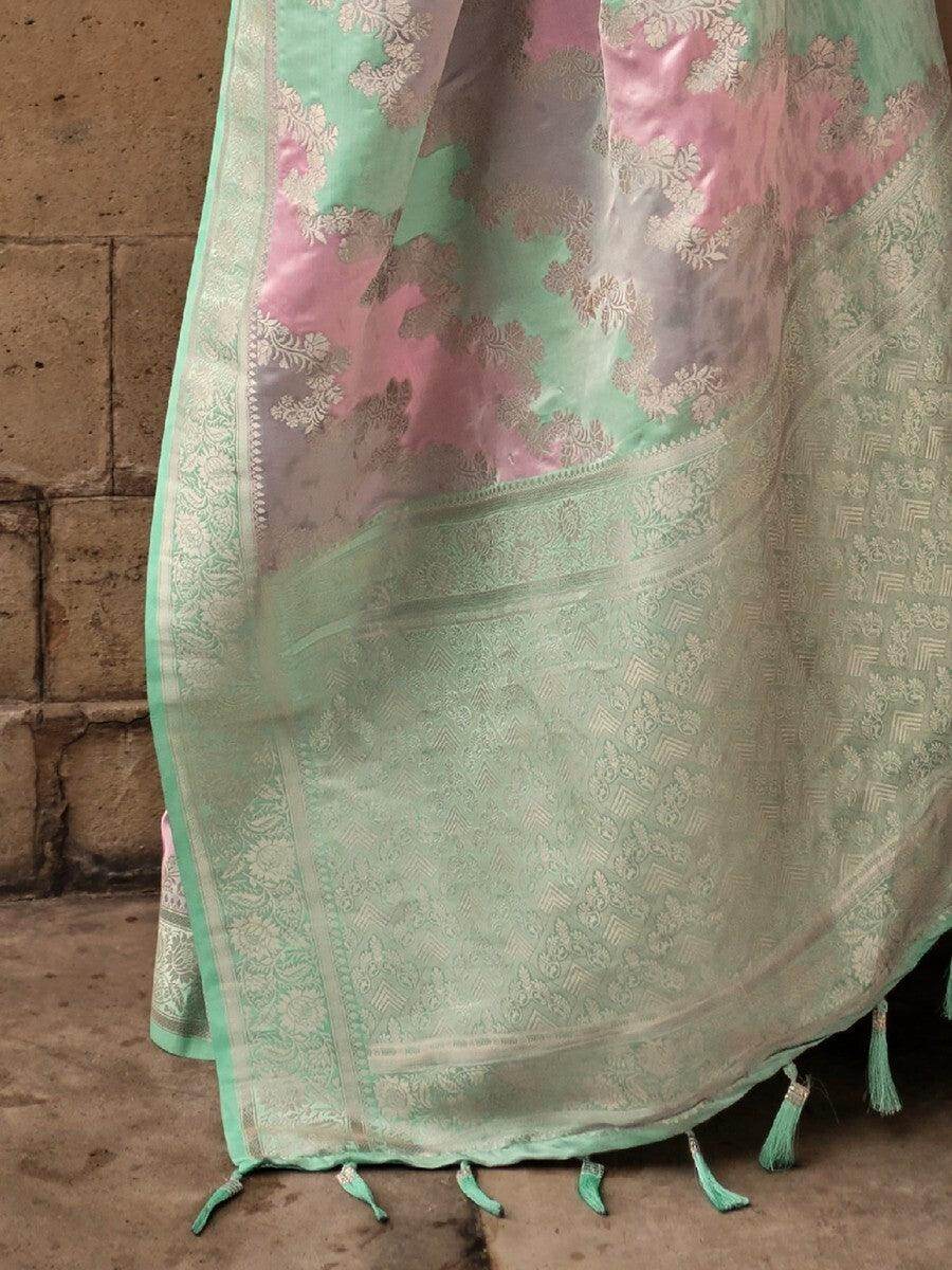 Pretty Green Zari Weaving Satin Festive Wear Saree With Blouse - Zeel Clothing