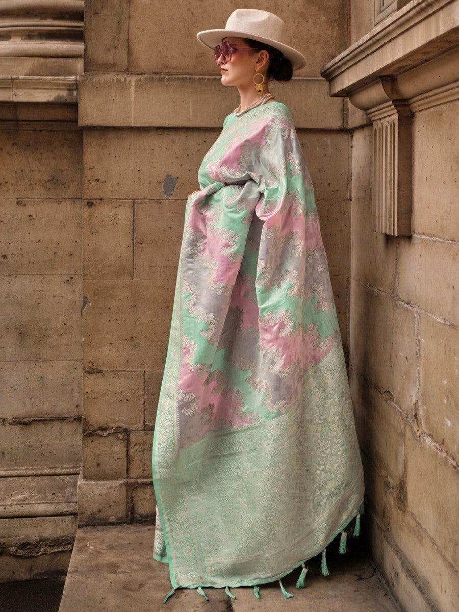 Pretty Green Zari Weaving Satin Festive Wear Saree With Blouse - Zeel Clothing