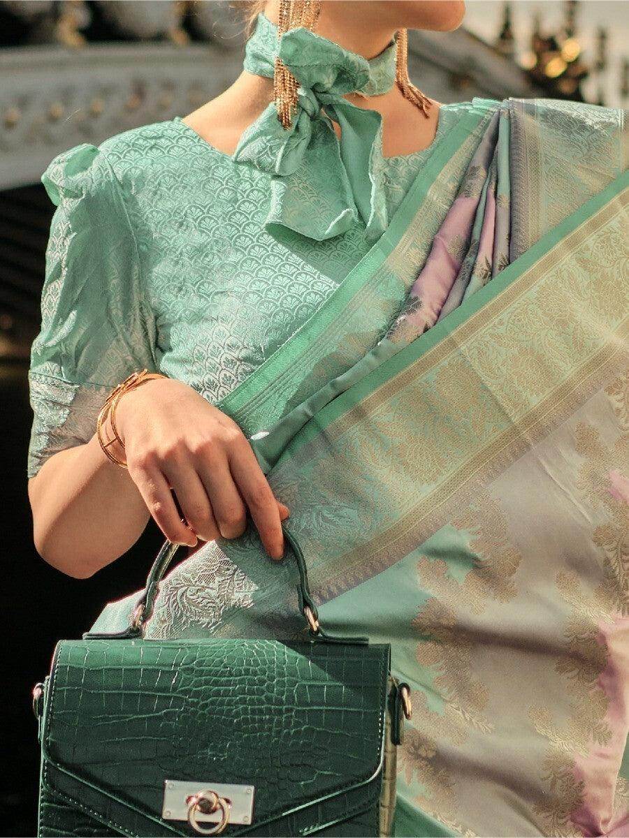 Pretty Green Zari Weaving Satin Festive Wear Saree With Blouse - Zeel Clothing