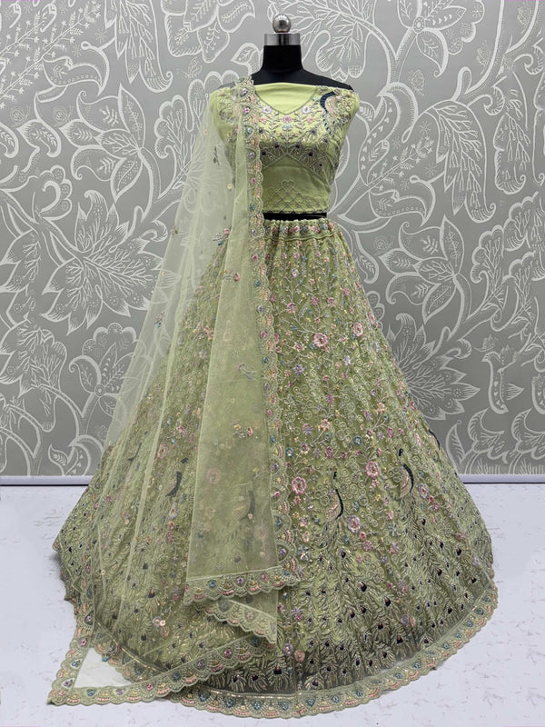 Pretty Green Zircon Work Net Sangeet Wear Lehenga Choli With Dupatta