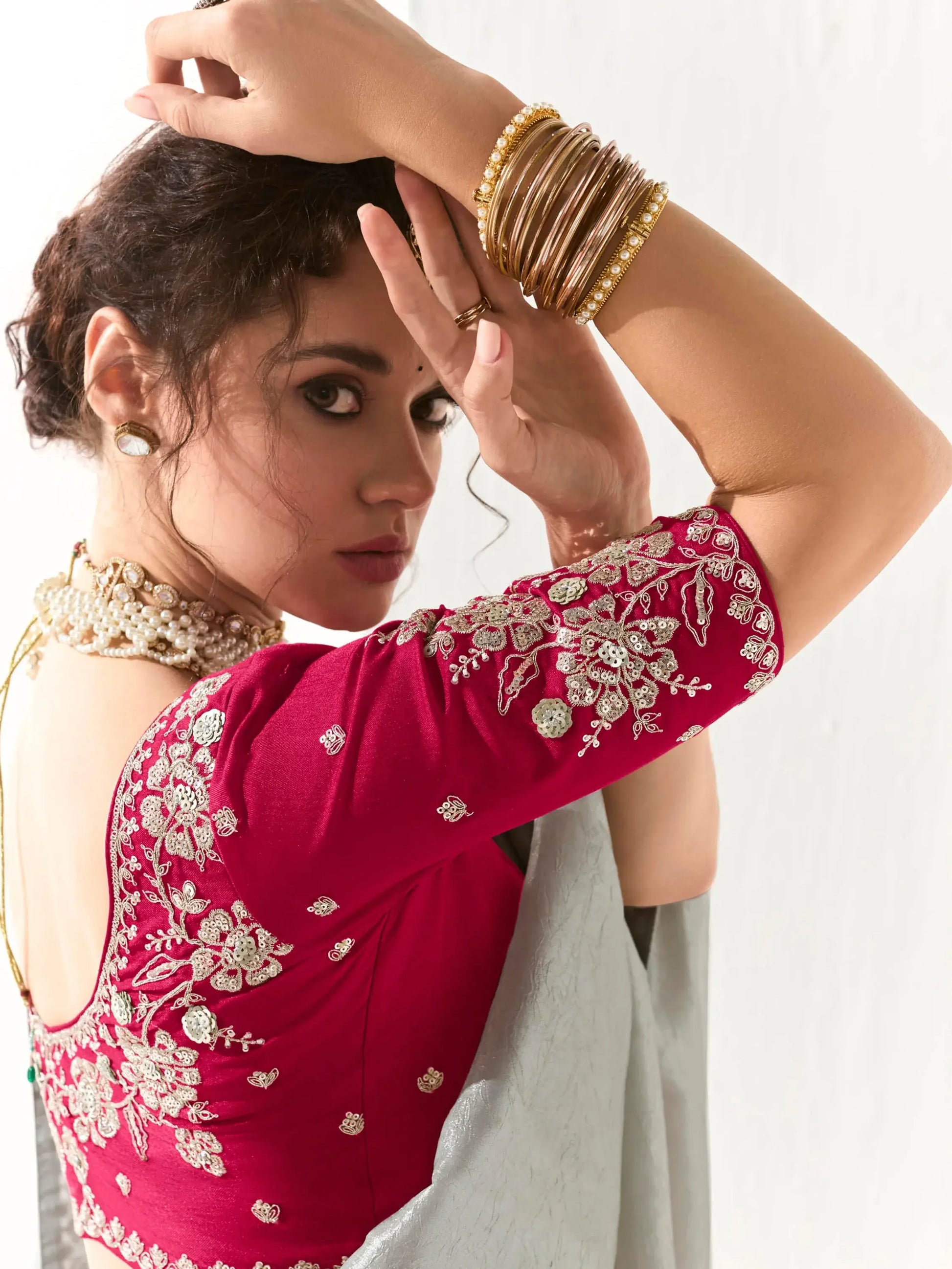 Pretty Grey Border Work Tissue Silk Reception Wear Saree With Blouse - Zeel Clothing