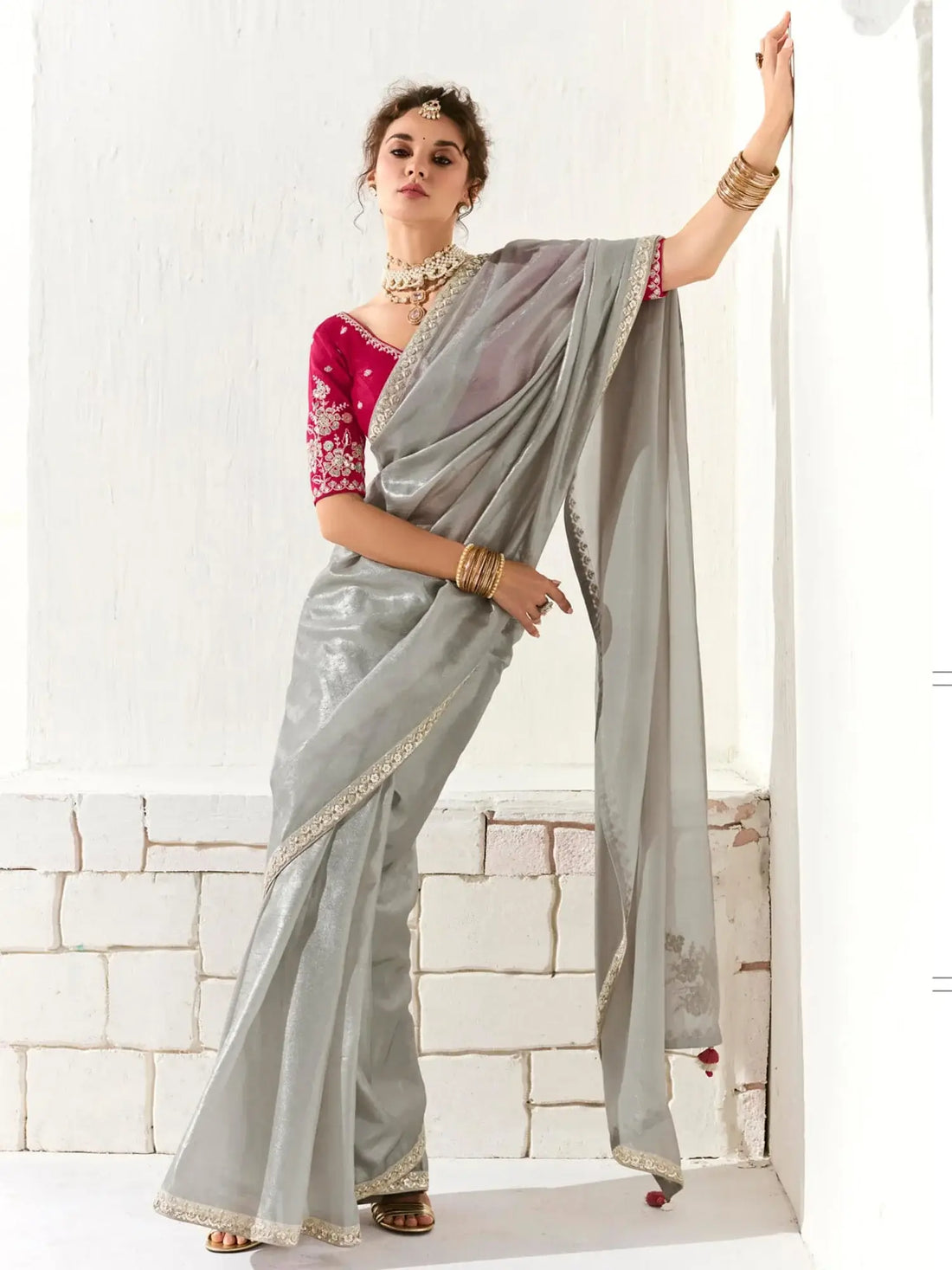 Pretty Grey Border Work Tissue Silk Reception Wear Saree With Blouse - Zeel Clothing