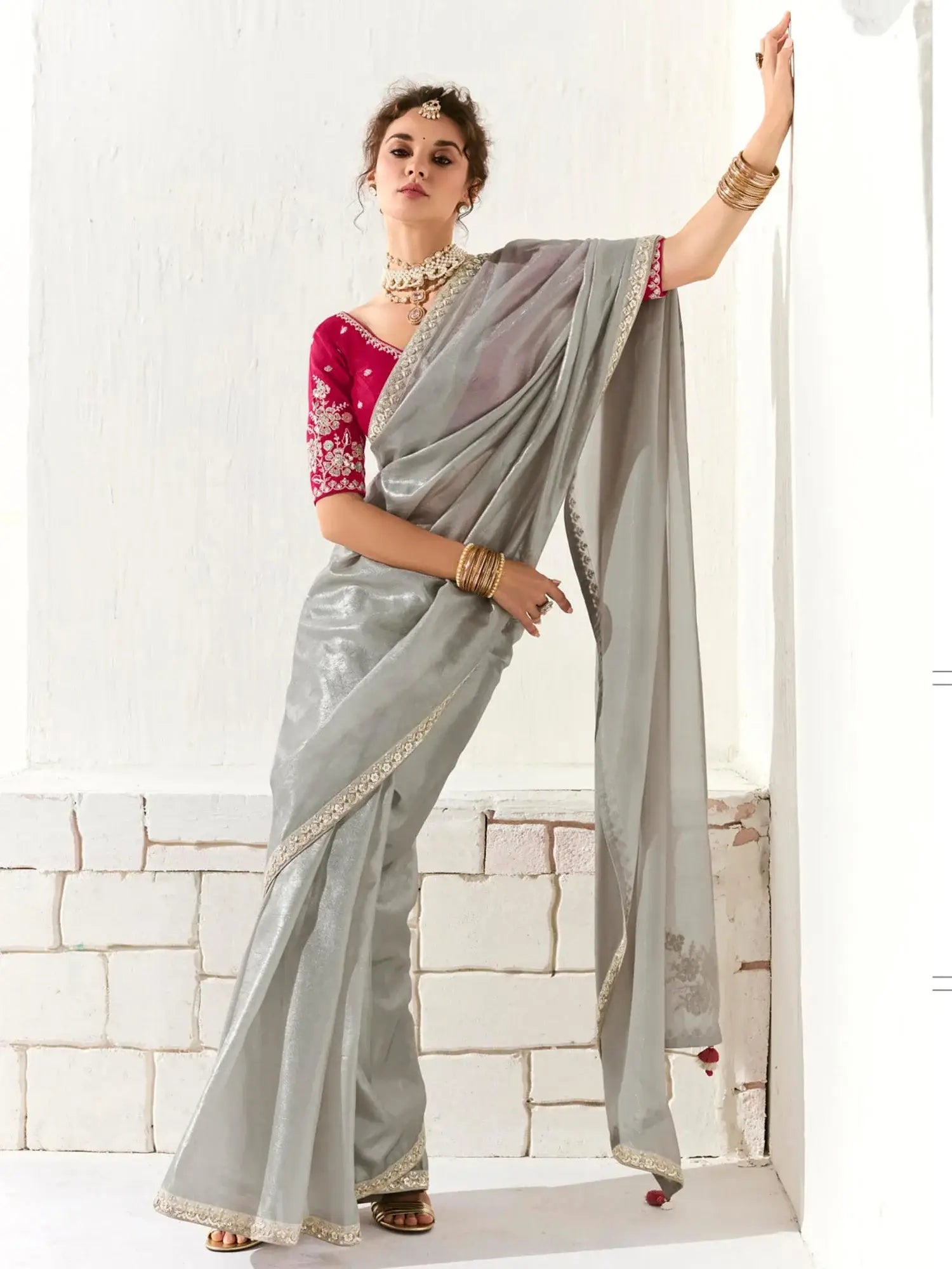 Pretty Grey Border Work Tissue Silk Reception Wear Saree With Blouse - Zeel Clothing