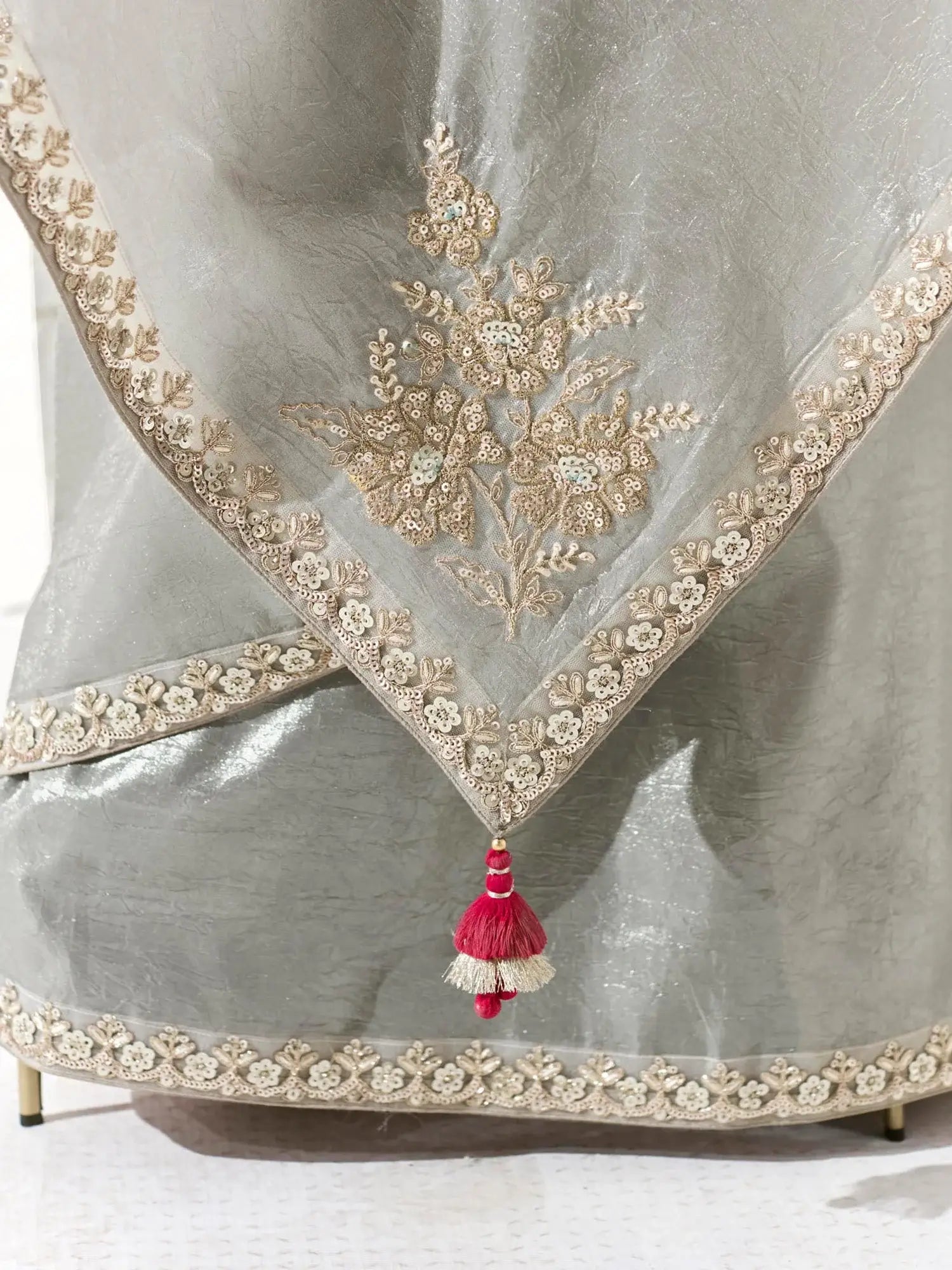 Pretty Grey Border Work Tissue Silk Reception Wear Saree With Blouse - Zeel Clothing