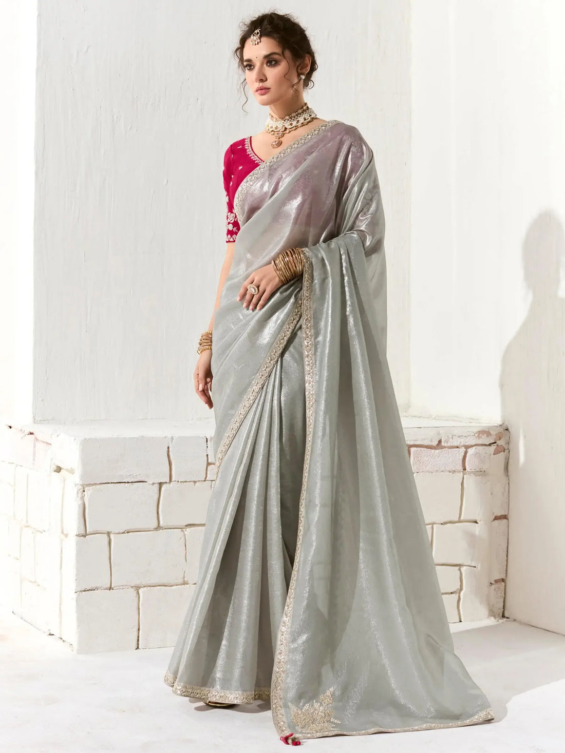 Pretty Grey Border Work Tissue Silk Reception Wear Saree With Blouse - Zeel Clothing