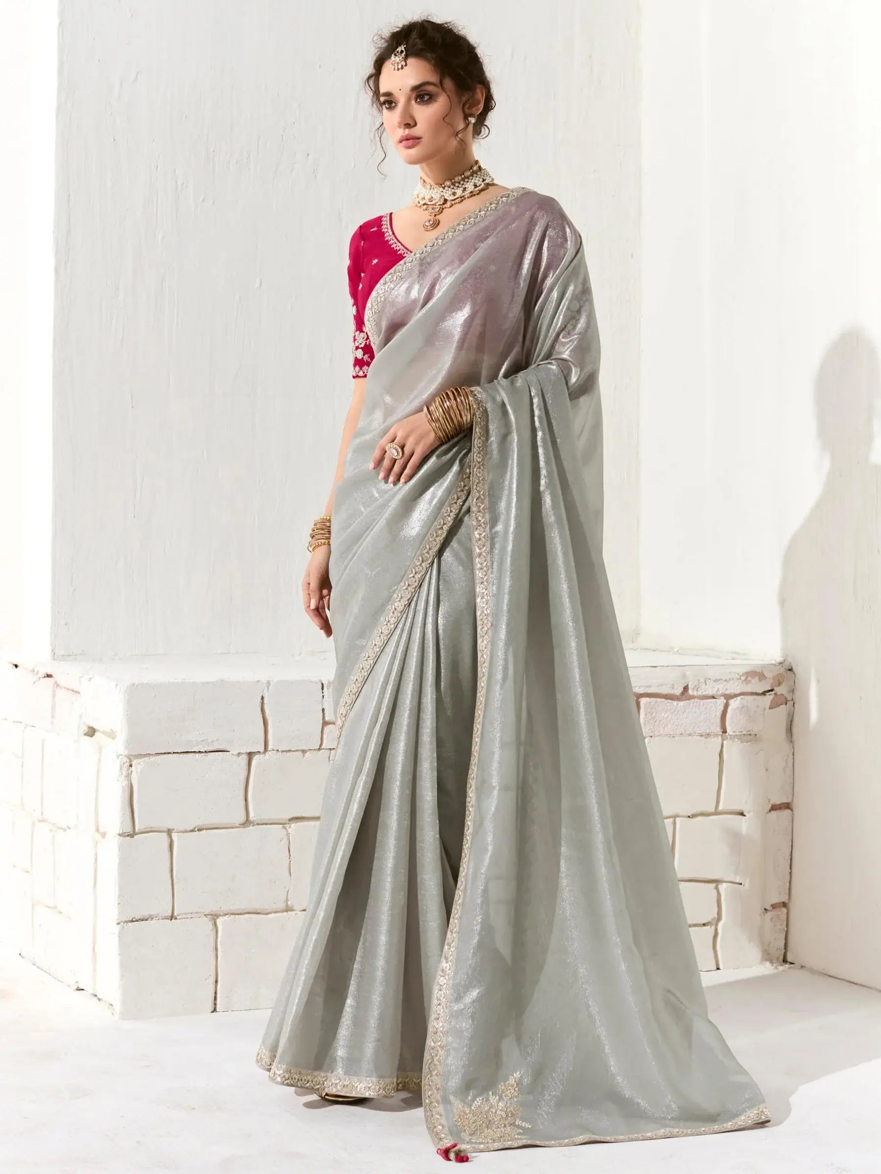 Pretty Grey Border Work Tissue Silk Reception Wear Saree With Blouse - Zeel Clothing