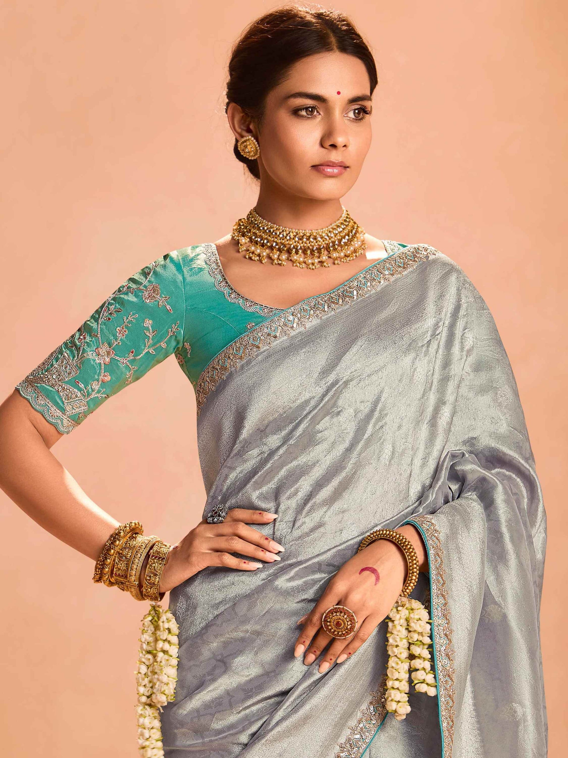 Pretty Grey Color Zari Weaving Silk Event Wear Saree With Blouse - Zeel Clothing