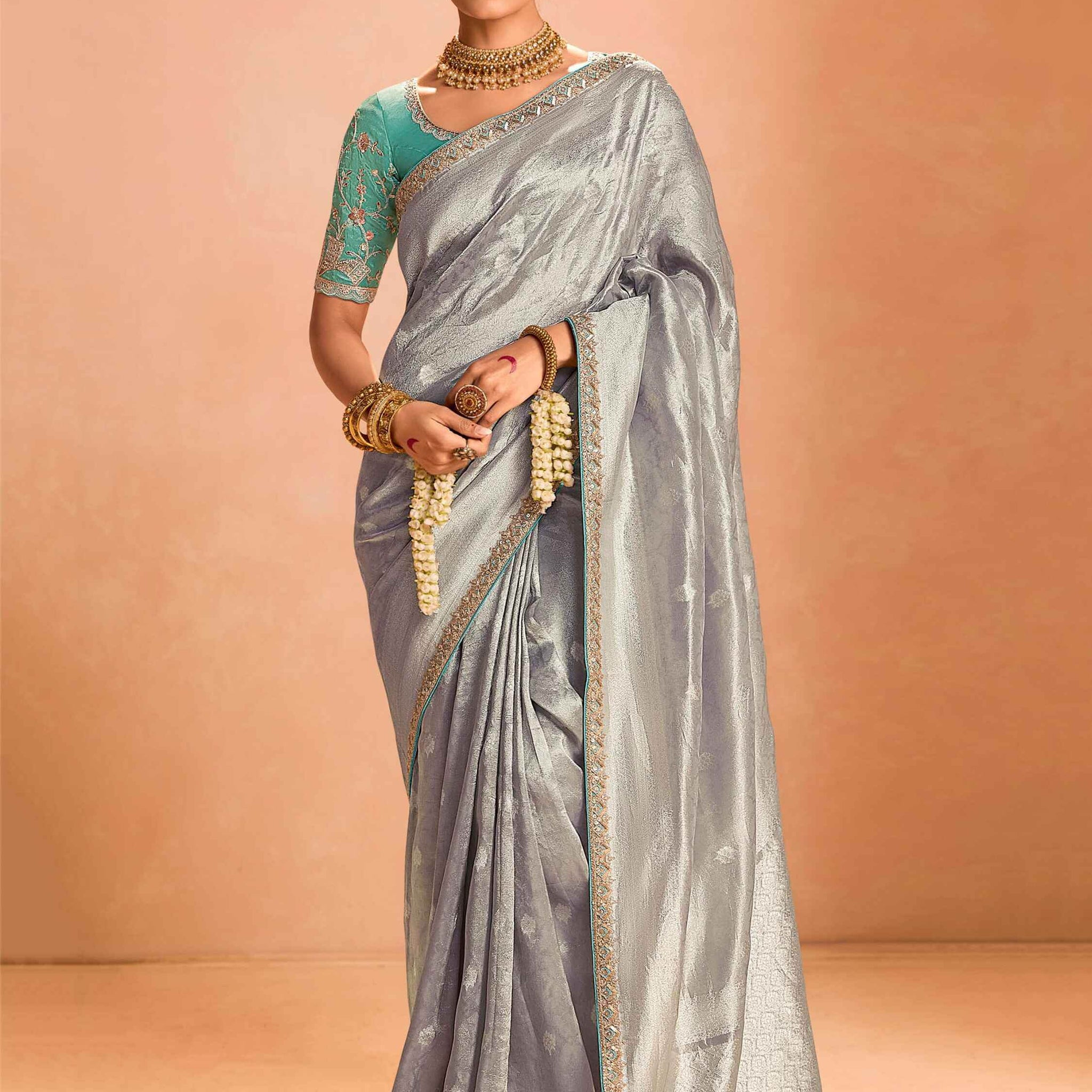 Pretty Grey Color Zari Weaving Silk Event Wear Saree With Blouse - Zeel Clothing