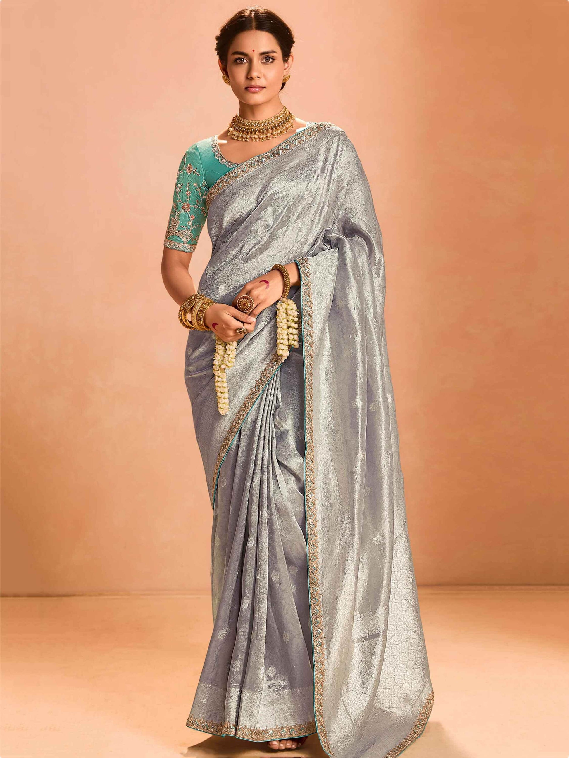 Pretty Grey Color Zari Weaving Silk Event Wear Saree With Blouse - Zeel Clothing