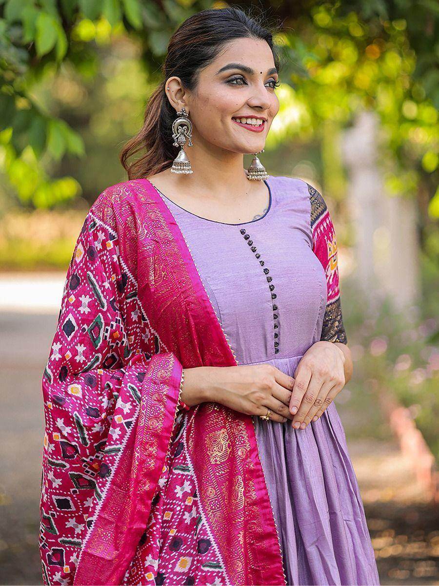 Pretty Lavender Foil Print Dola Silk Festival Wear Gown With Dupatta - Zeel Clothing