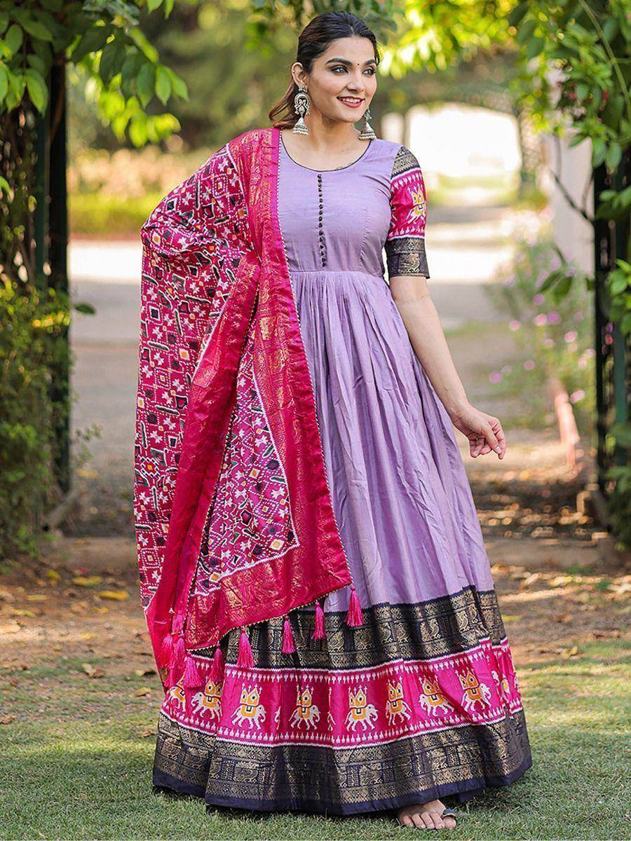 Pretty Lavender Foil Print Dola Silk Festival Wear Gown With Dupatta - Zeel Clothing