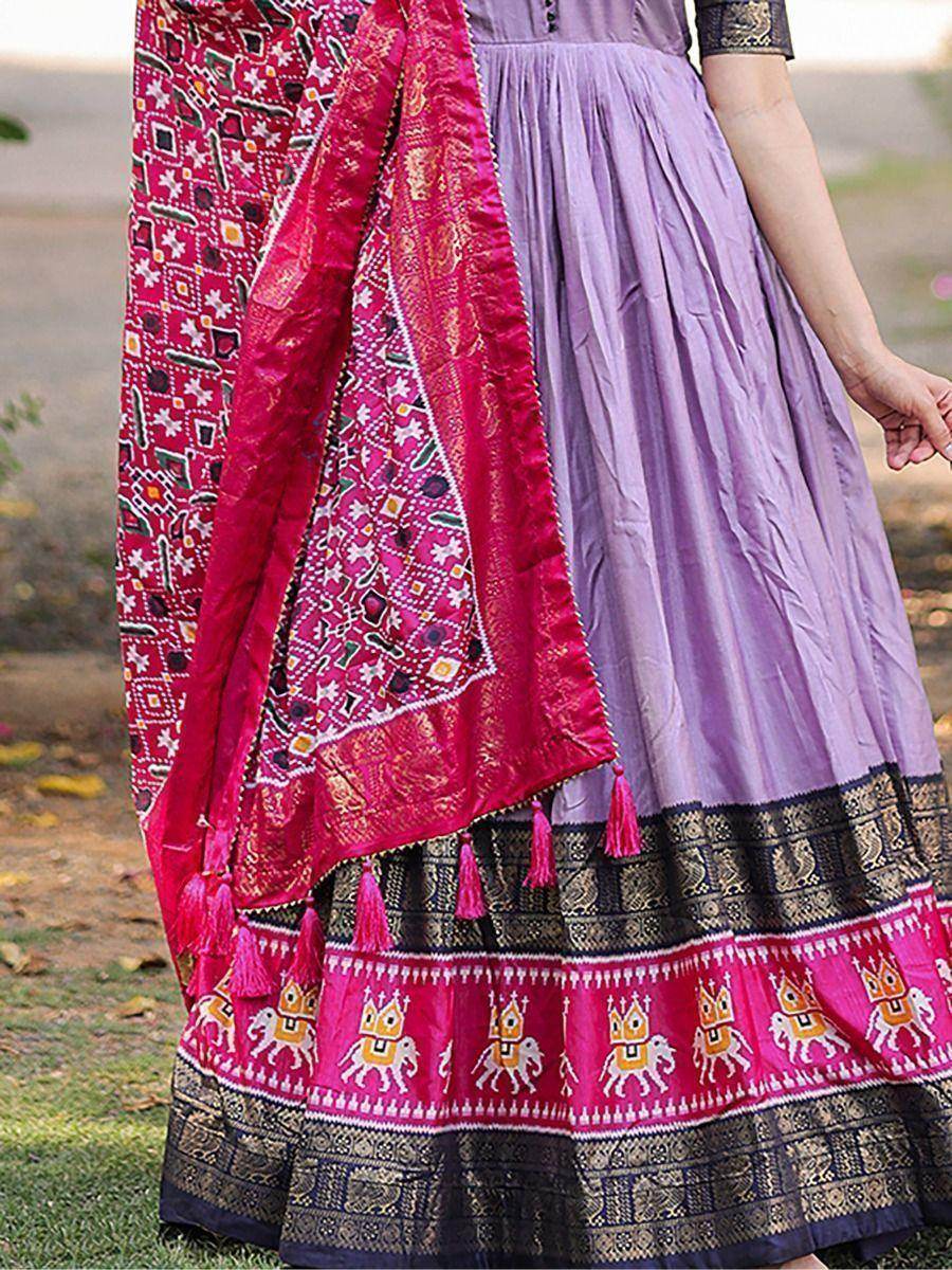 Pretty Lavender Foil Print Dola Silk Festival Wear Gown With Dupatta - Zeel Clothing