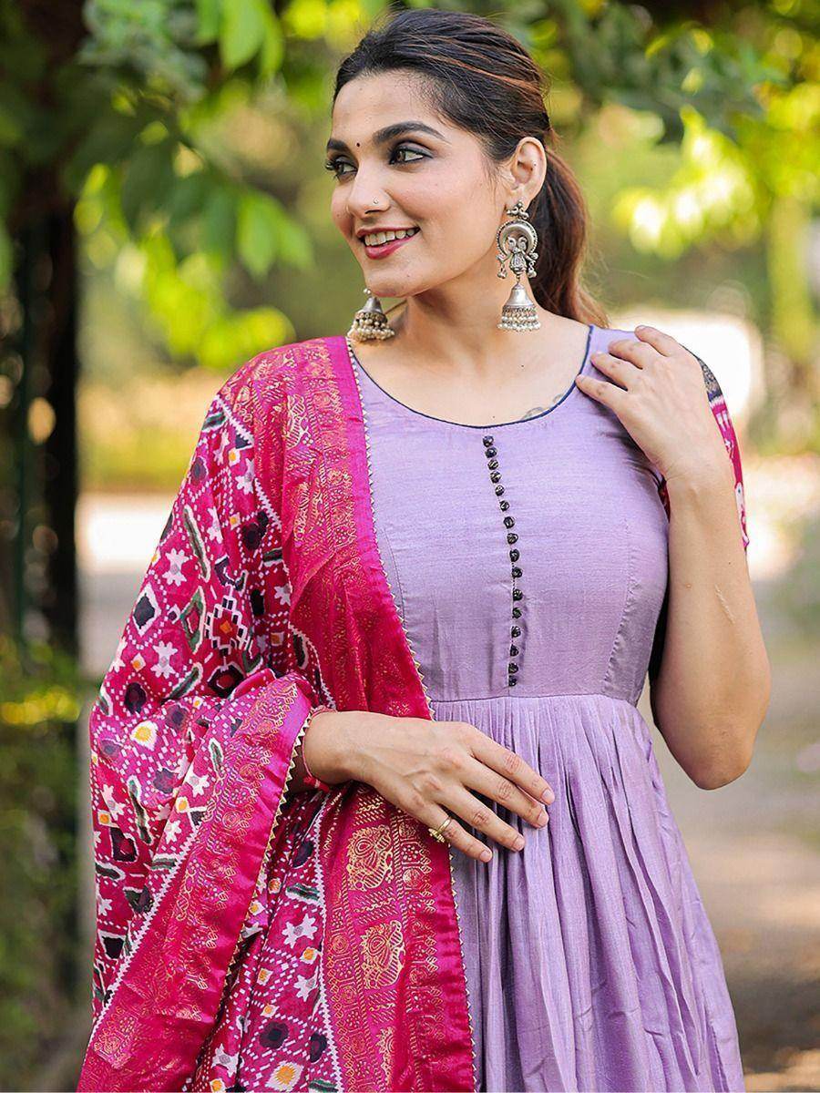 Pretty Lavender Foil Print Dola Silk Festival Wear Gown With Dupatta - Zeel Clothing
