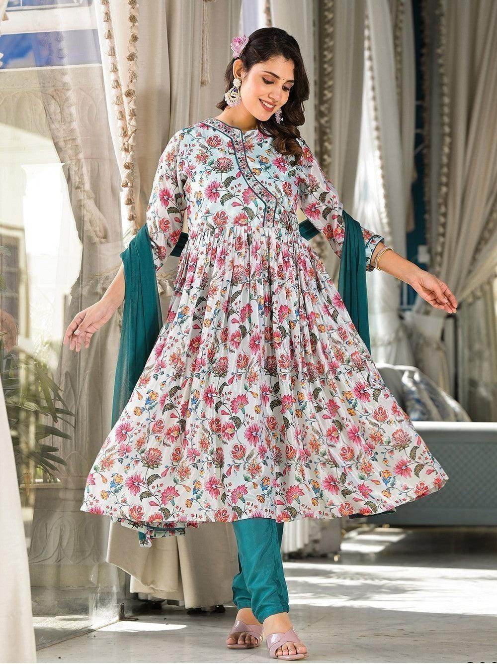 Pretty Light Blue Floral Printed Silk Readymade Pant Suit - Zeel Clothing