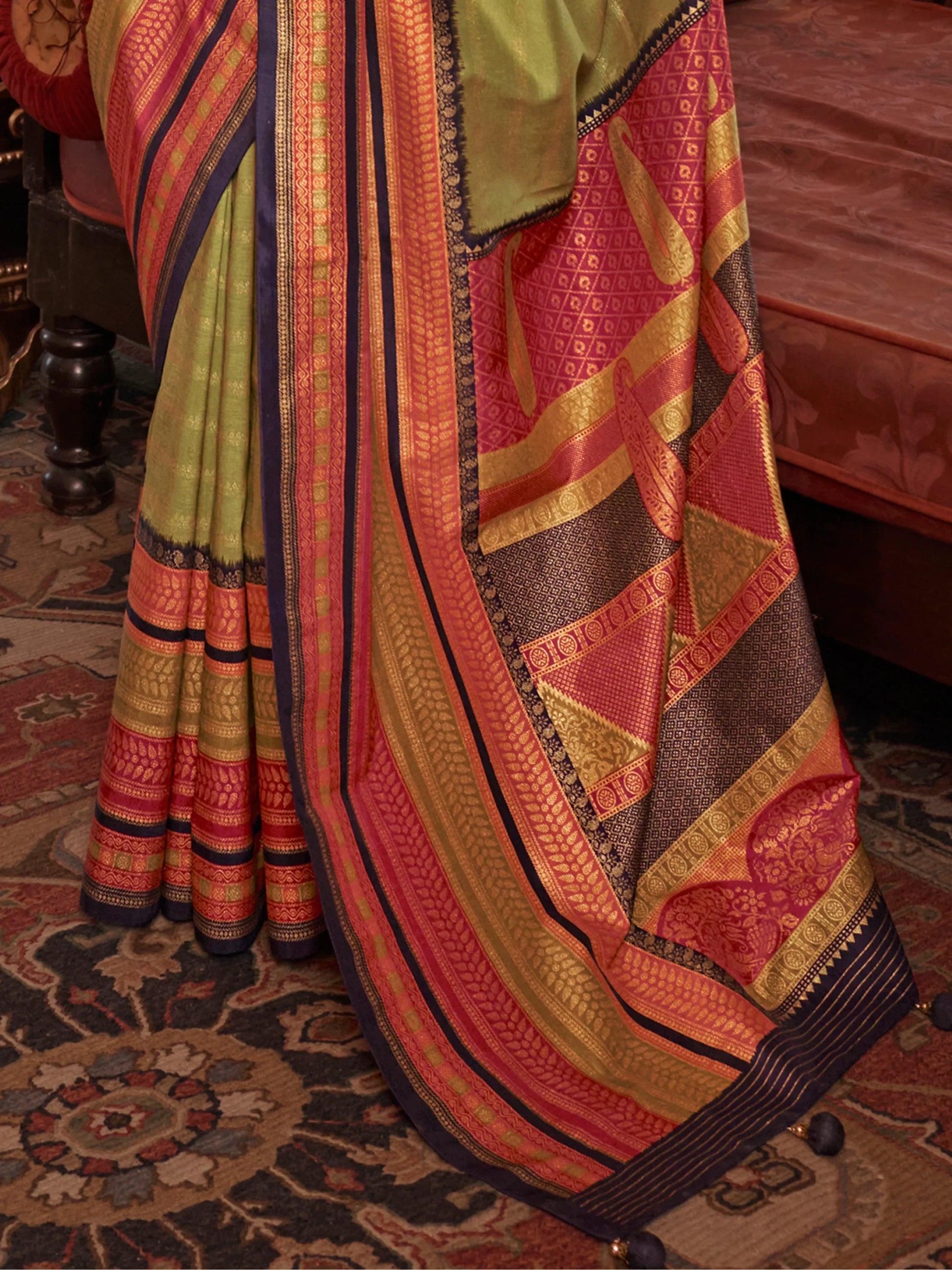 Pretty Light Green Zari Weaving Silk Mehendi Wear Saree With Blouse - Zeel Clothing
