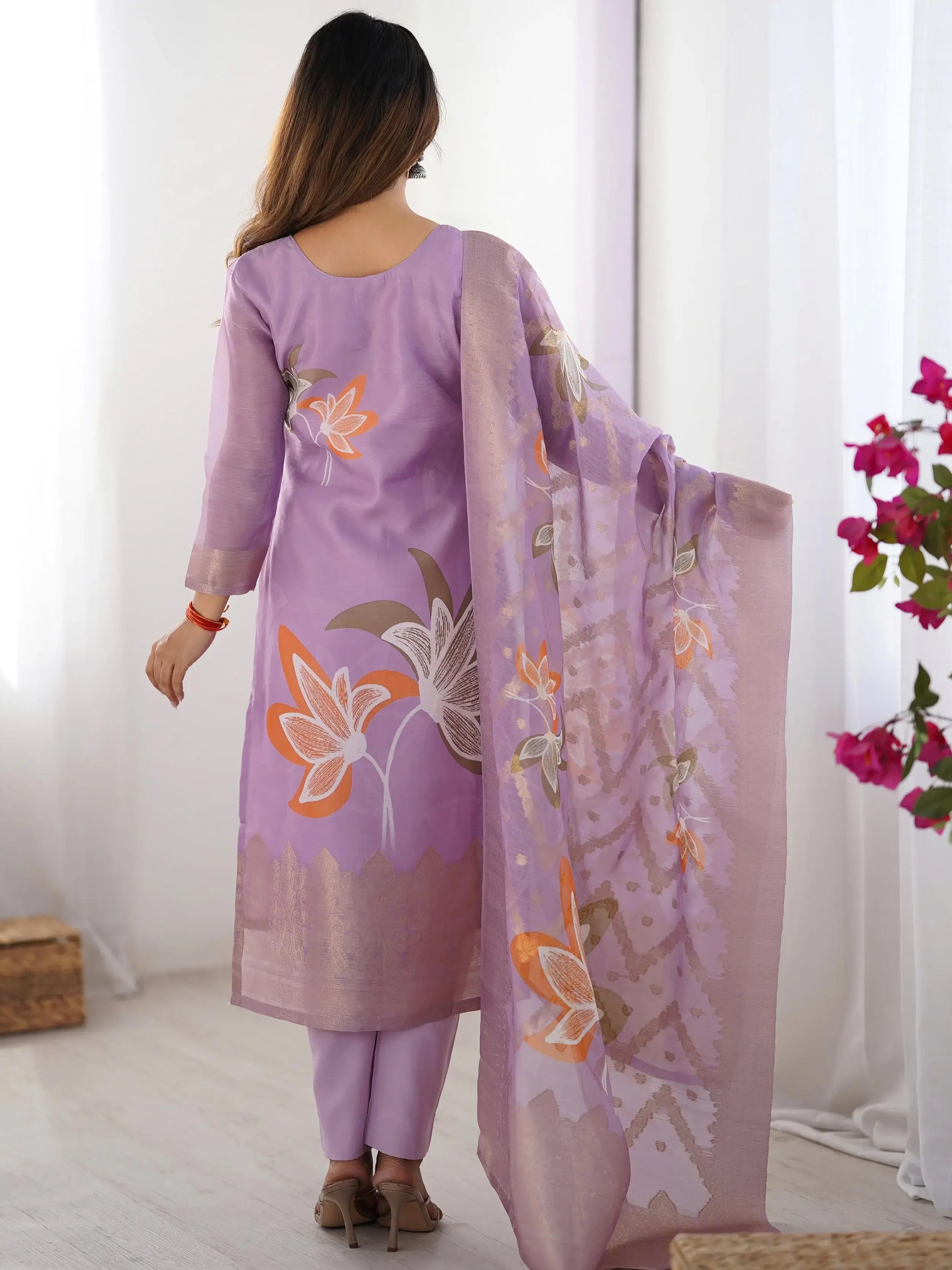 Pretty Lilac Chanderi Jacquard Work Straight Suit - Zeel Clothing