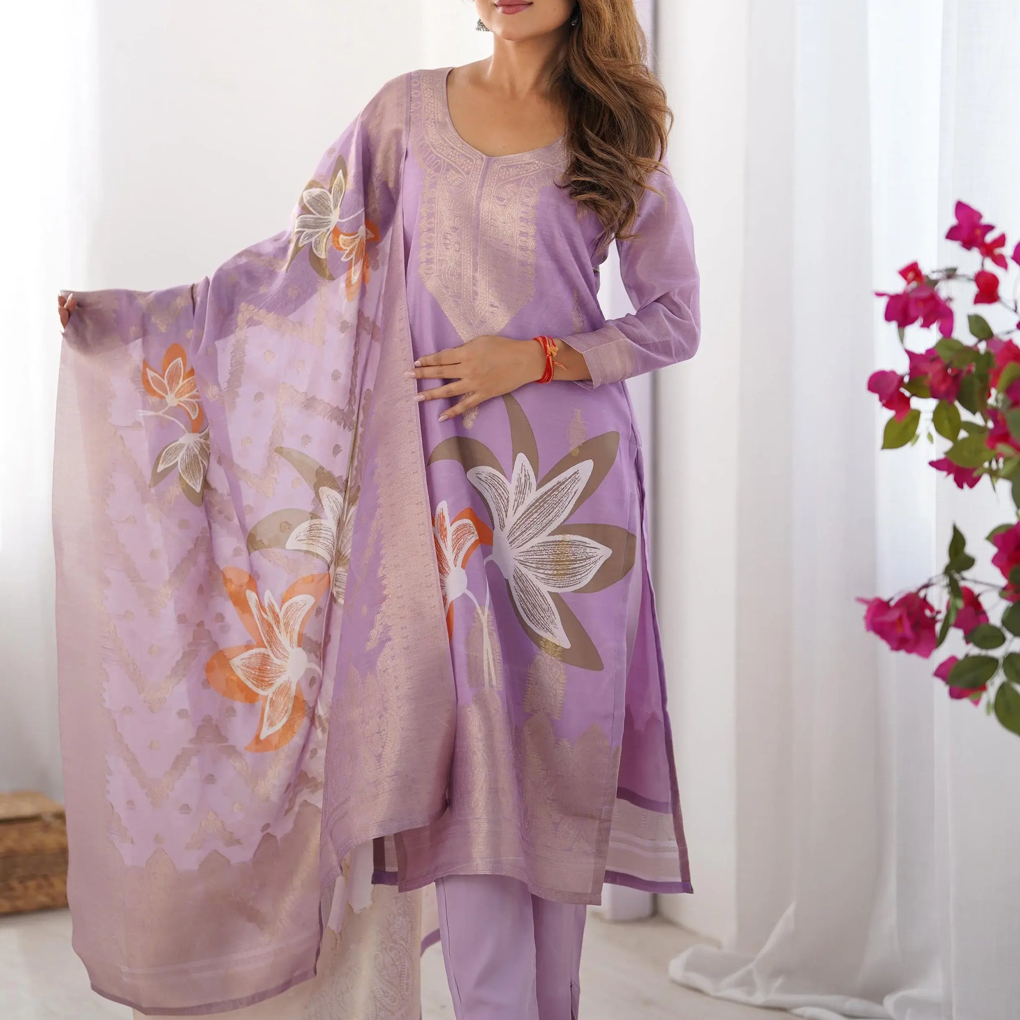 Pretty Lilac Chanderi Jacquard Work Straight Suit - Zeel Clothing