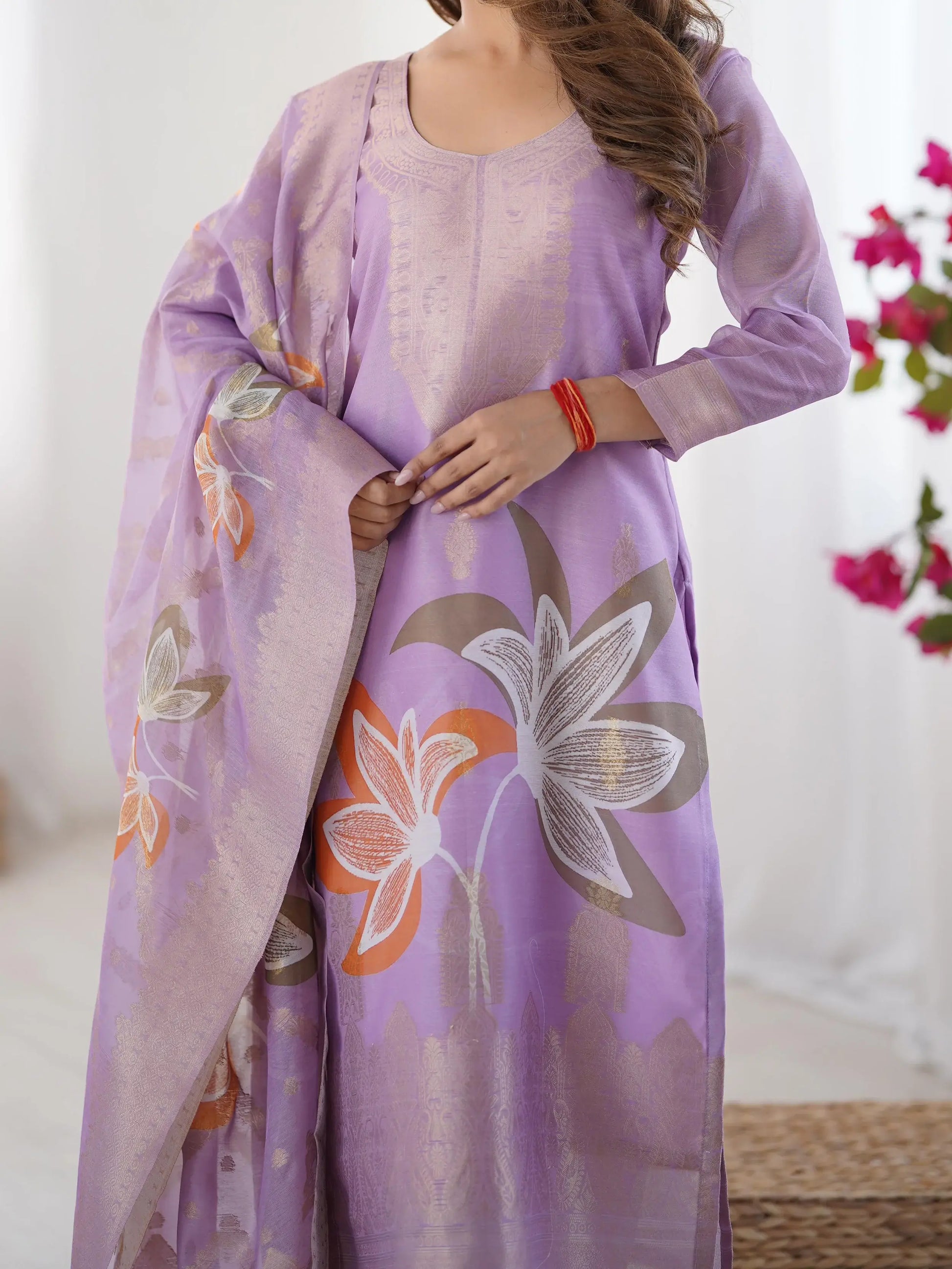 Pretty Lilac Chanderi Jacquard Work Straight Suit - Zeel Clothing