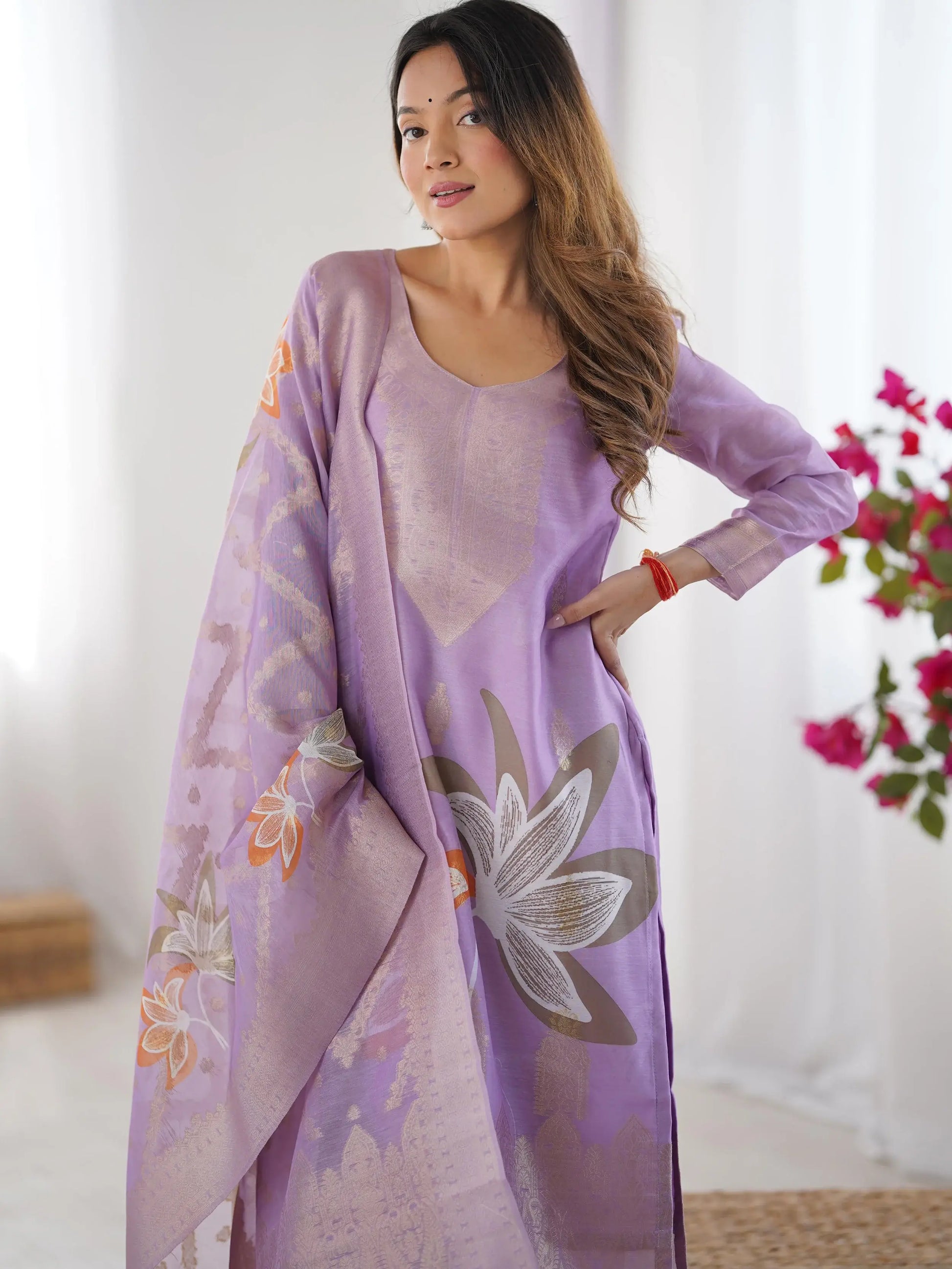 Pretty Lilac Chanderi Jacquard Work Straight Suit - Zeel Clothing