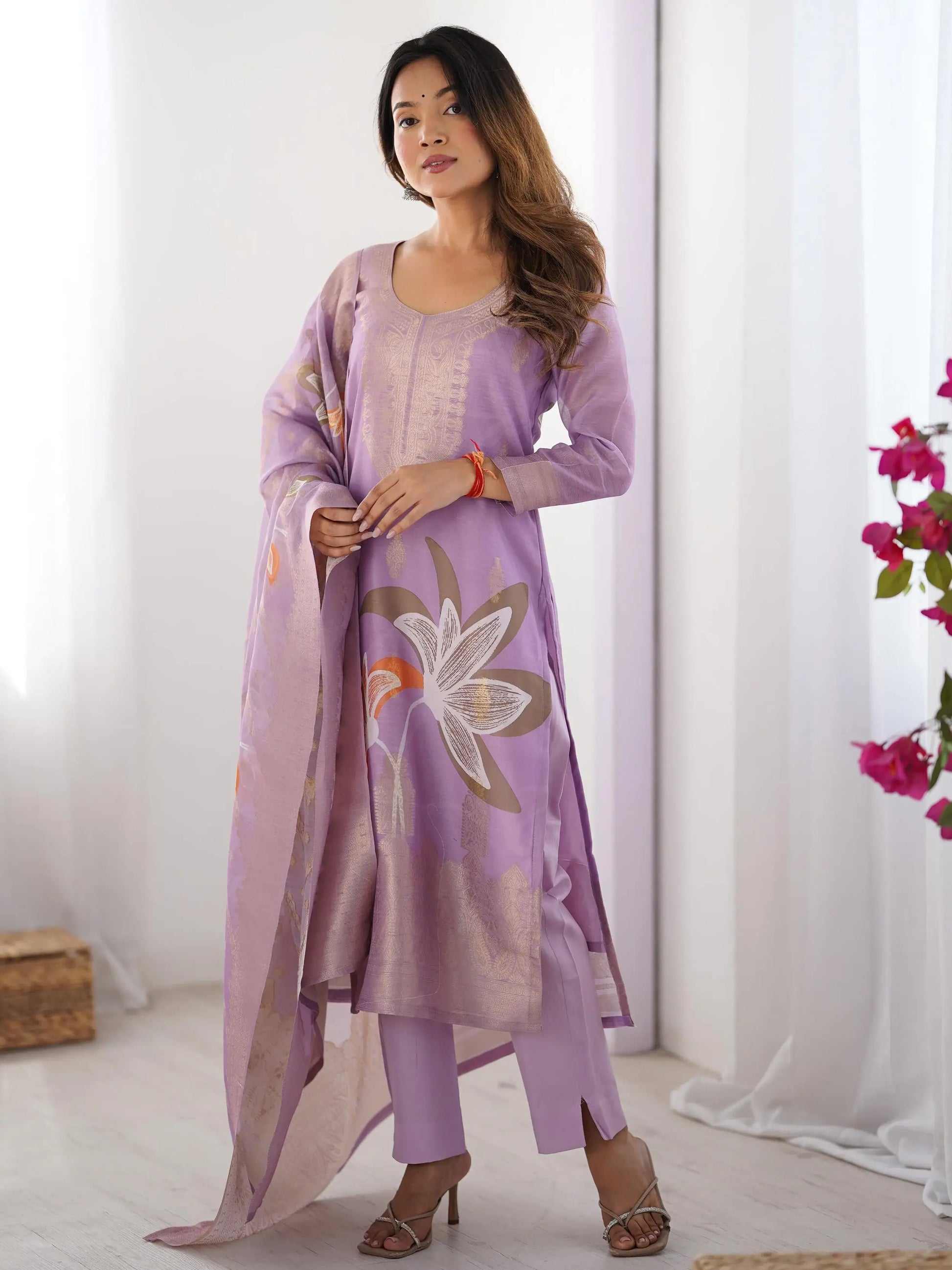 Pretty Lilac Chanderi Jacquard Work Straight Suit - Zeel Clothing