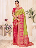 Pink and green traditional saree with gold embroidery, perfect for festive occasions and Indian weddings