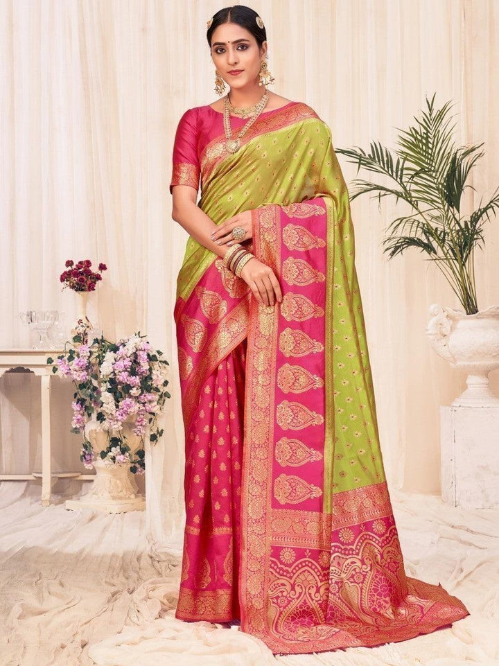 Pink and green traditional saree with gold embroidery, perfect for festive occasions and Indian weddings