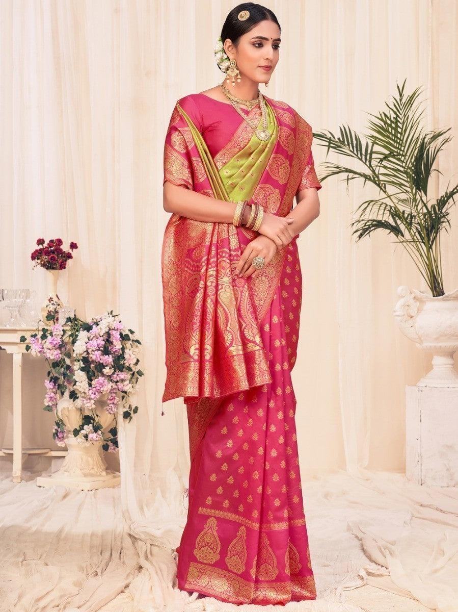 Pink and gold embroidered saree with green blouse, traditional Indian women's fashion