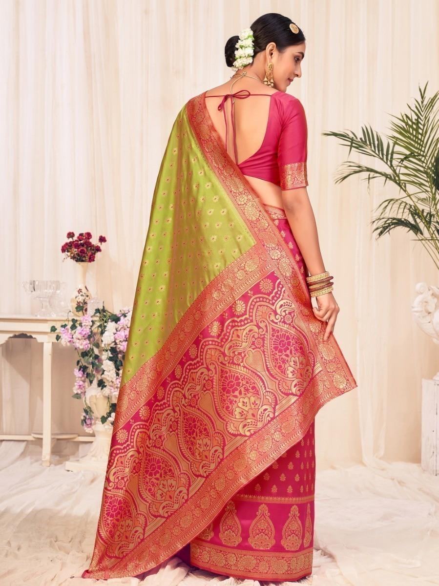 Woman in pink and green designer saree with gold paisley border, back view, traditional Indian fashion