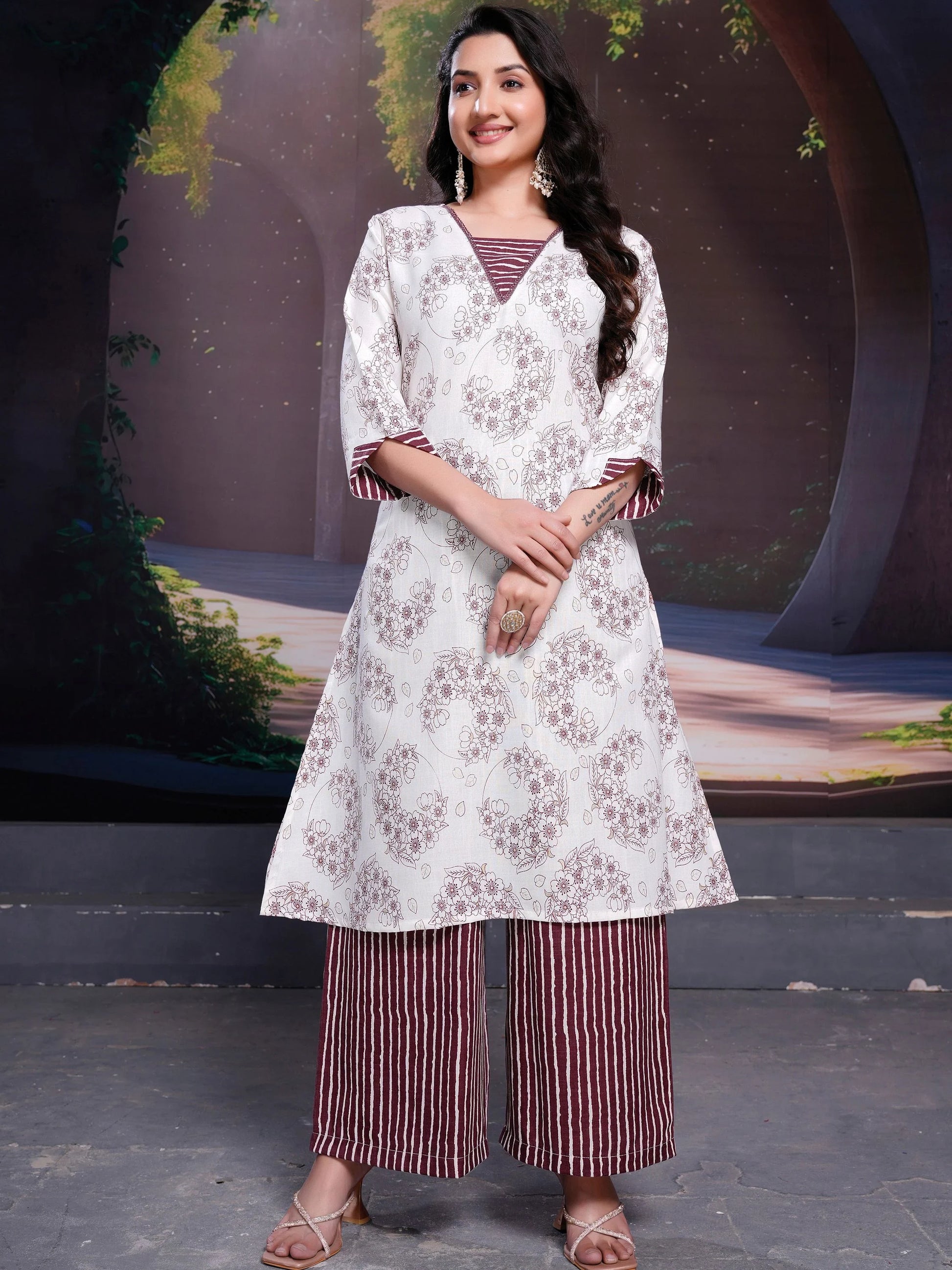 Pretty Maroon Floral Printed Cotton Daily Wear Palazzo Suit