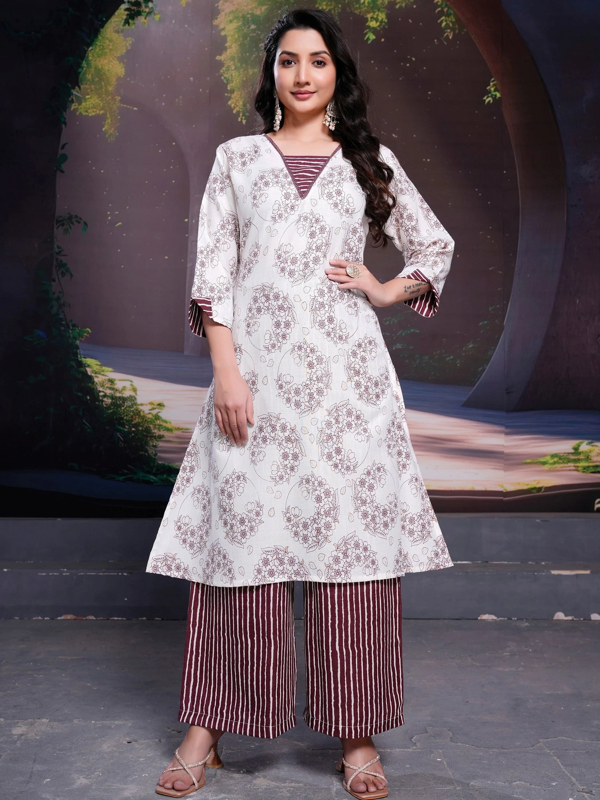 Pretty Maroon Floral Printed Cotton Daily Wear Palazzo Suit