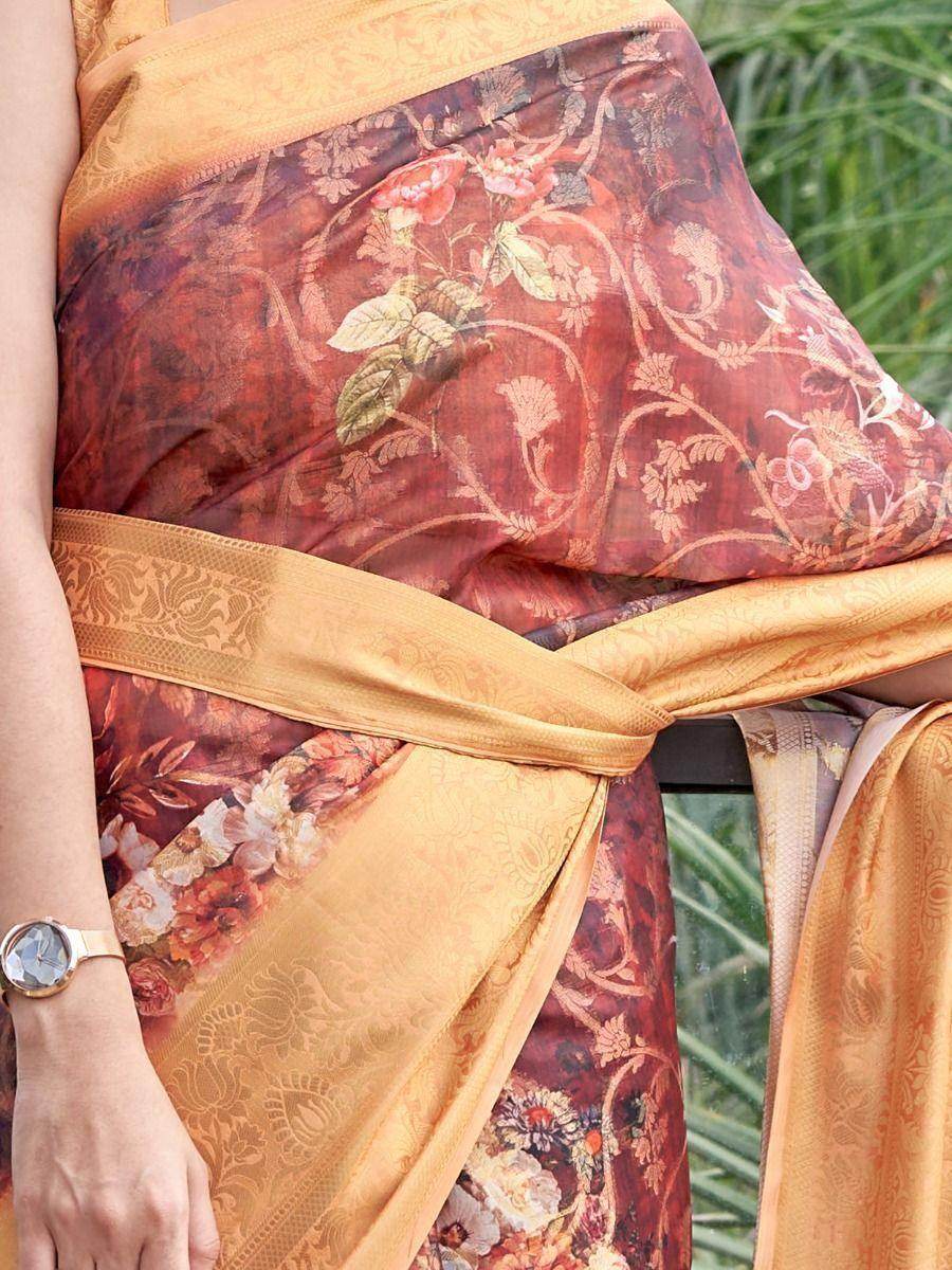 Pretty Maroon Floral Printed Organza Traditional Saree With Blouse - Zeel Clothing