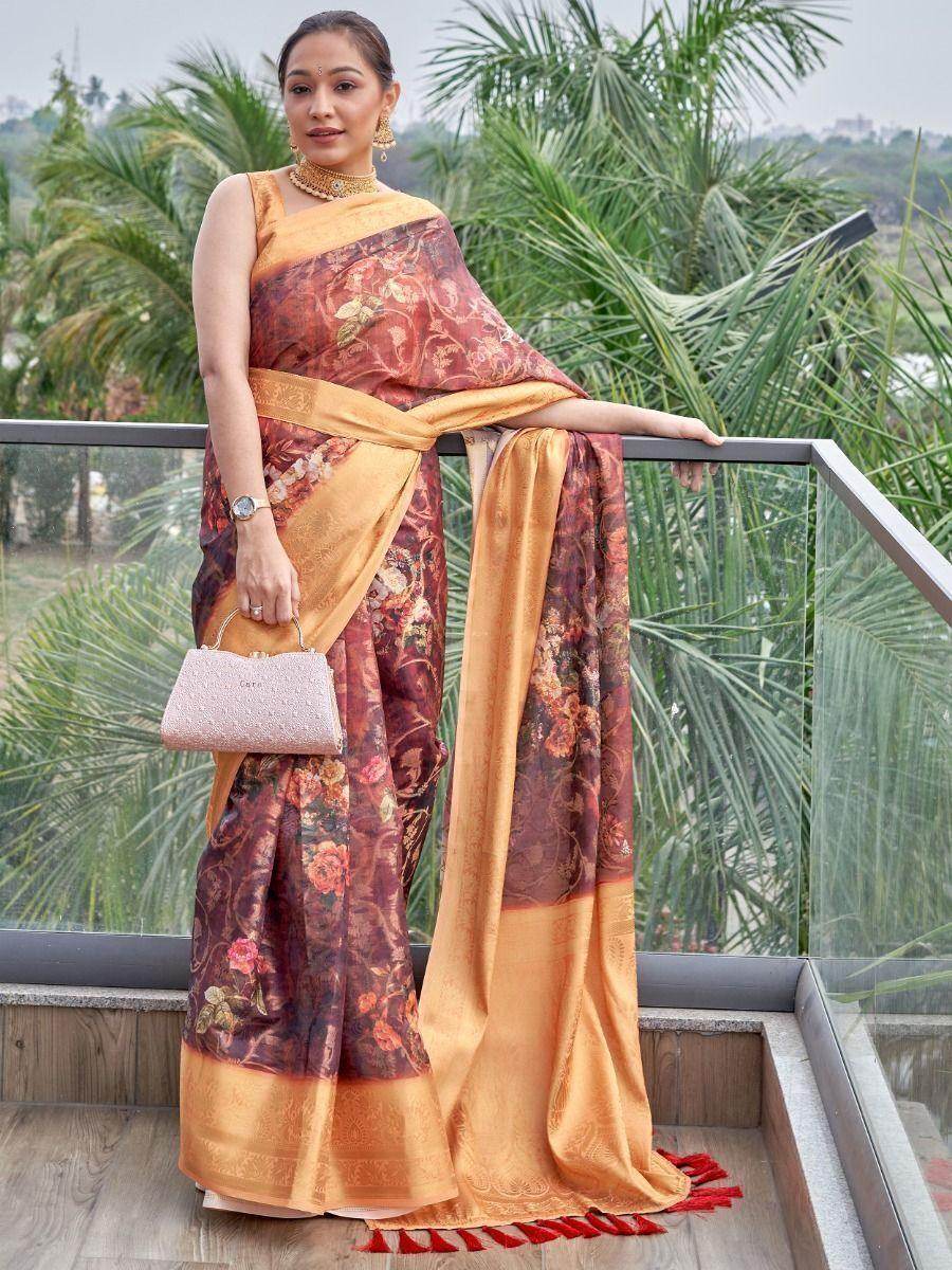 Pretty Maroon Floral Printed Organza Traditional Saree With Blouse - Zeel Clothing