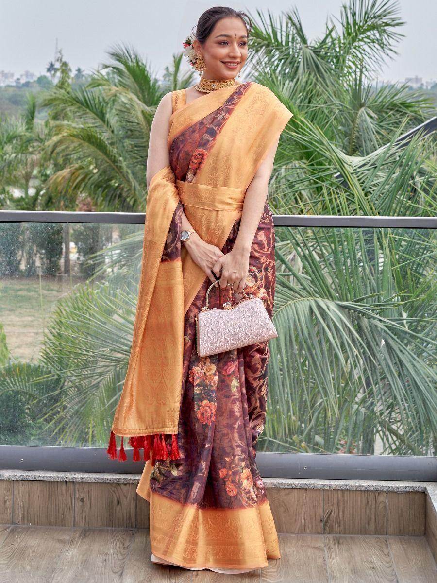 Pretty Maroon Floral Printed Organza Traditional Saree With Blouse - Zeel Clothing