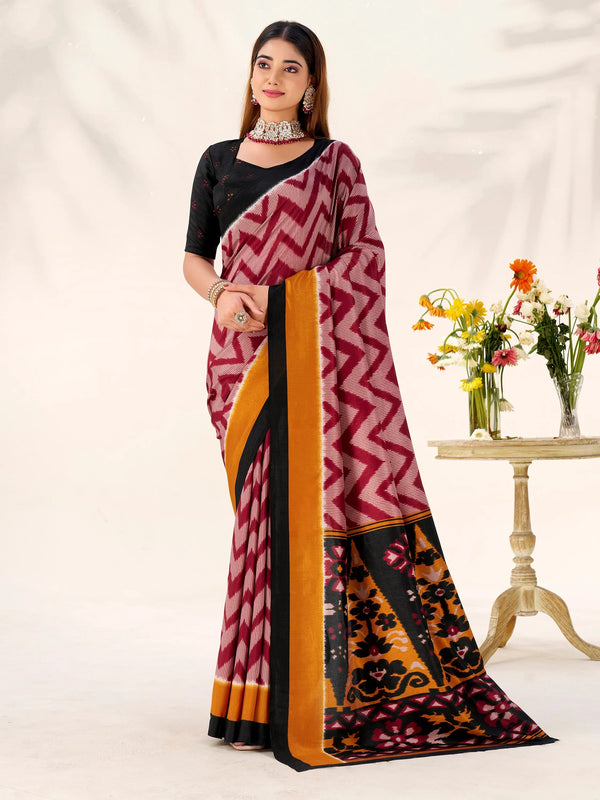 Pretty Maroon Printed Tussar Silk Festive Wear Saree With Blouse