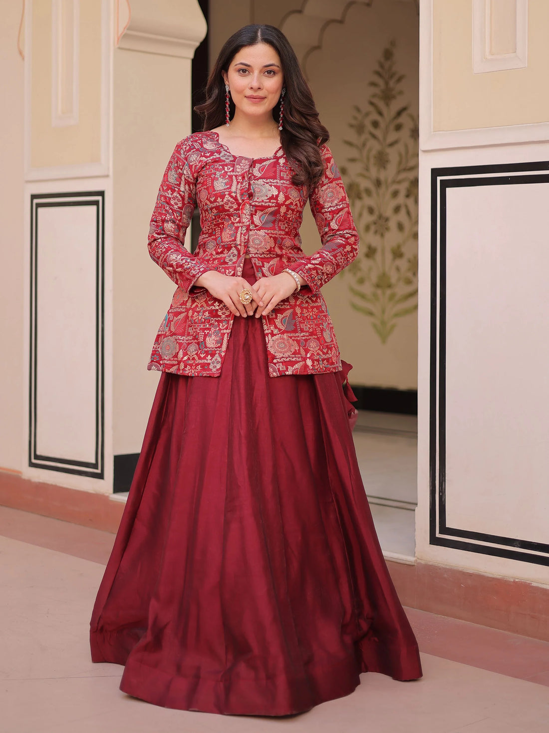 Pretty Maroon Zari Weaving Vichitra Silk Wedding Wear Lehenga With Jacket - Zeel Clothing