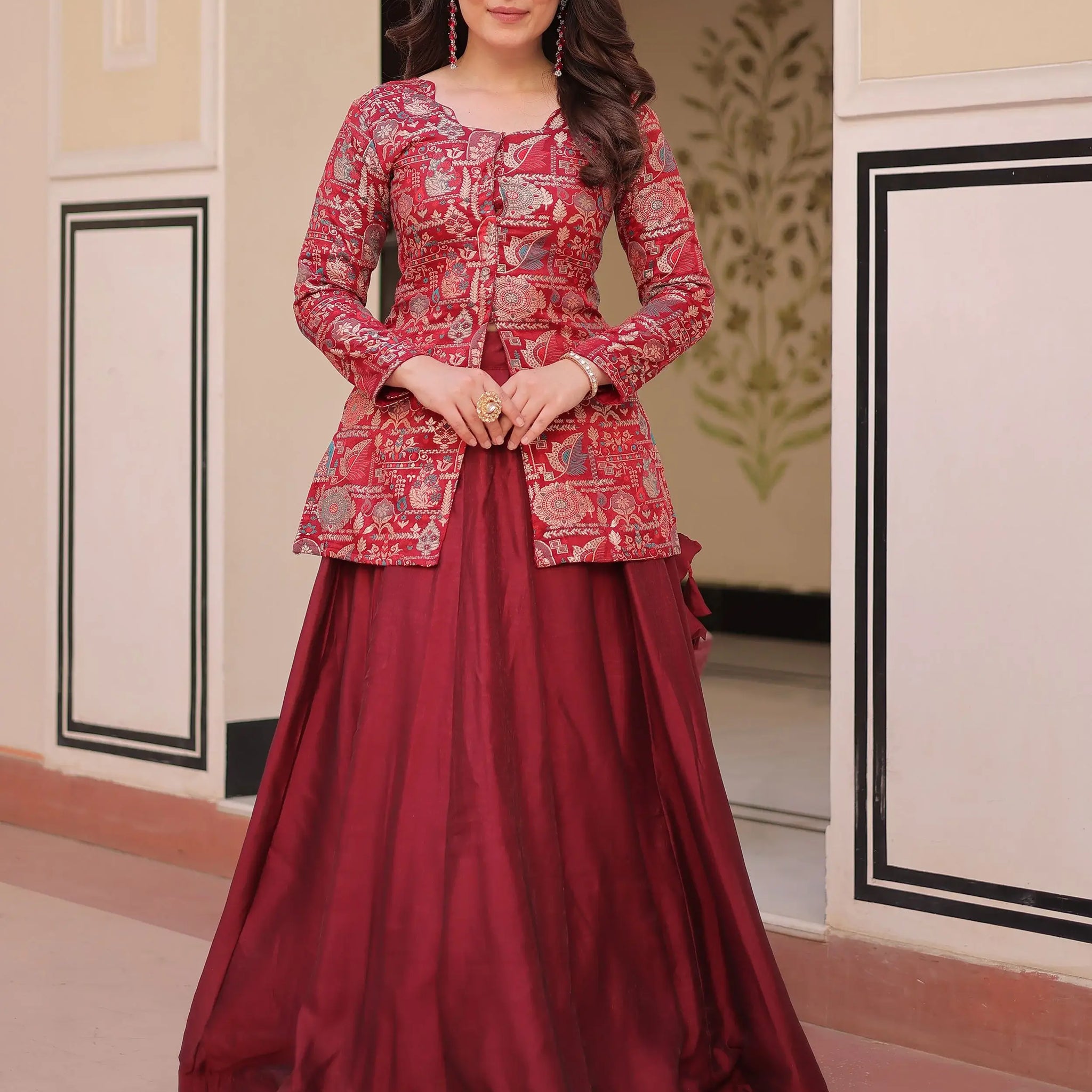 Pretty Maroon Zari Weaving Vichitra Silk Wedding Wear Lehenga With Jacket - Zeel Clothing