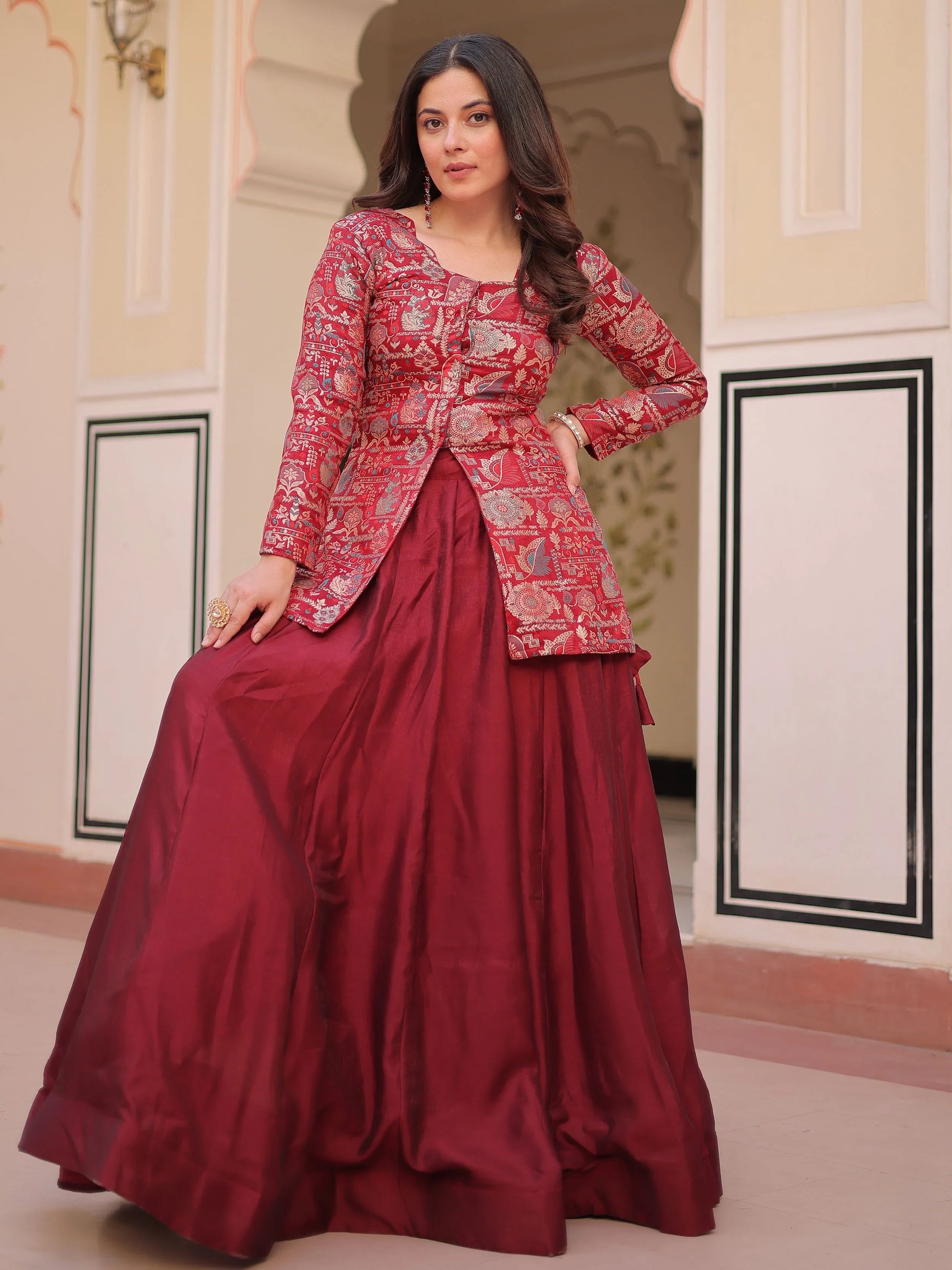 Pretty Maroon Zari Weaving Vichitra Silk Wedding Wear Lehenga With Jacket - Zeel Clothing