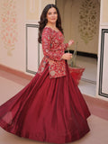 Pretty Maroon Zari Weaving Vichitra Silk Wedding Wear Lehenga With Jacket - Zeel Clothing