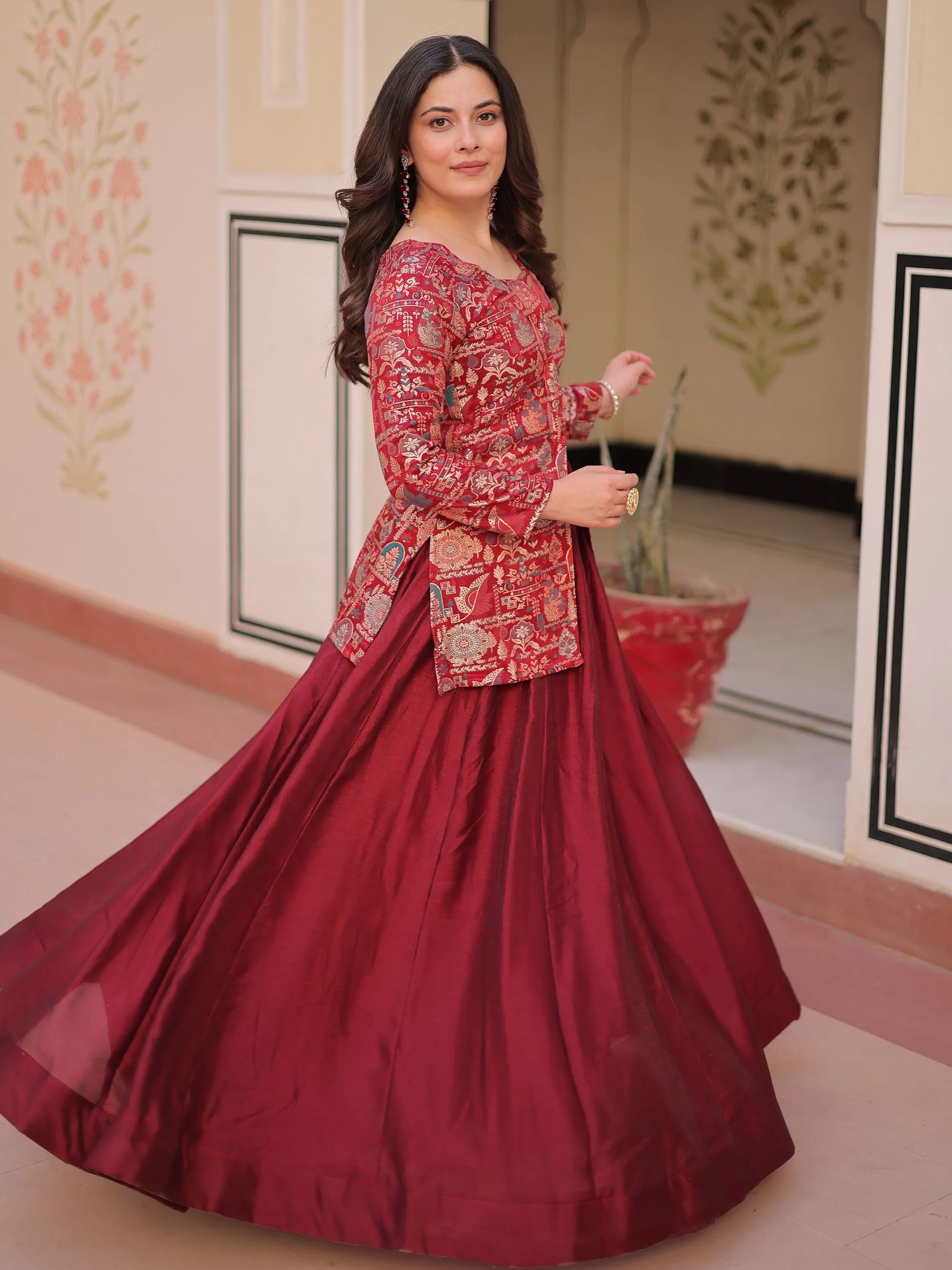 Pretty Maroon Zari Weaving Vichitra Silk Wedding Wear Lehenga With Jacket - Zeel Clothing