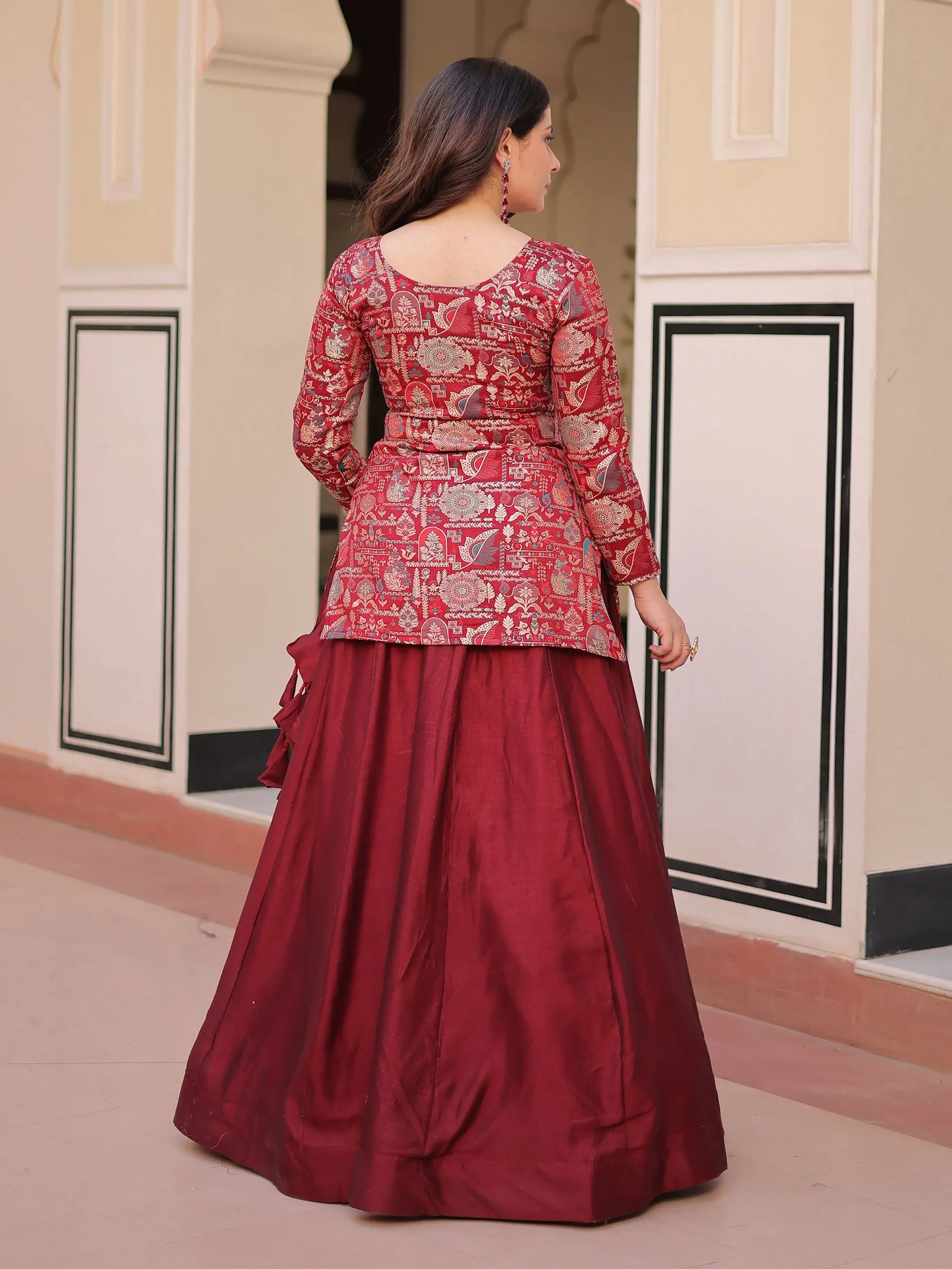 Pretty Maroon Zari Weaving Vichitra Silk Wedding Wear Lehenga With Jacket - Zeel Clothing