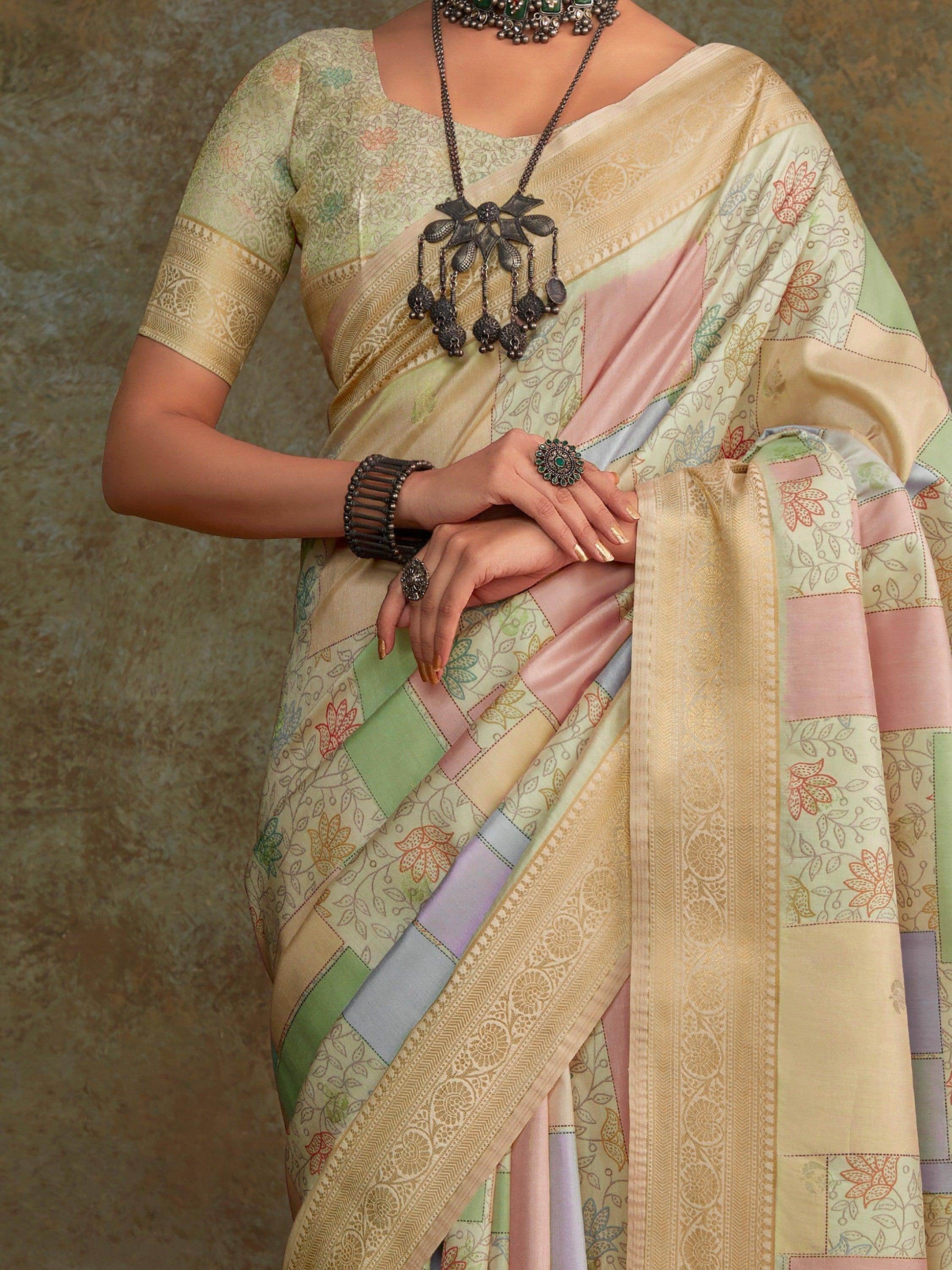 Pretty Multi-Color Digital Printed Silk Festive Wear Saree With Blouse - Zeel Clothing