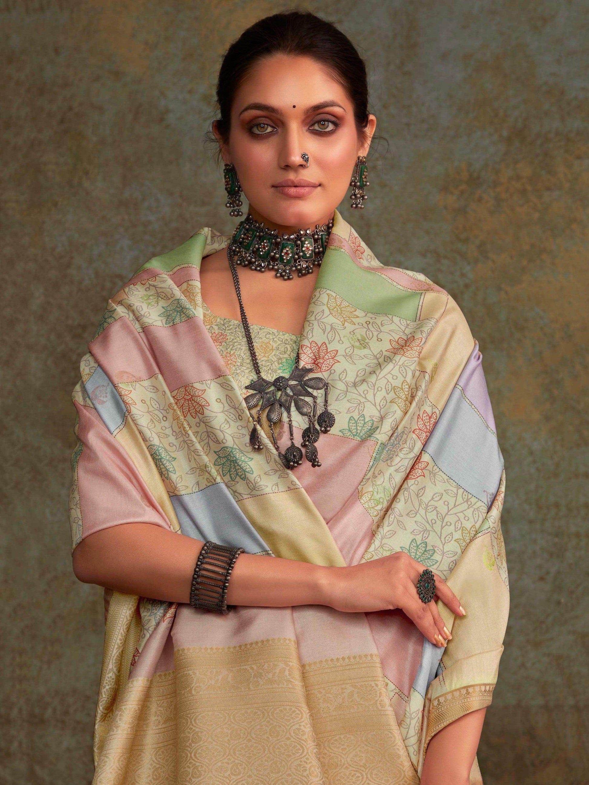 Pretty Multi-Color Digital Printed Silk Festive Wear Saree With Blouse - Zeel Clothing