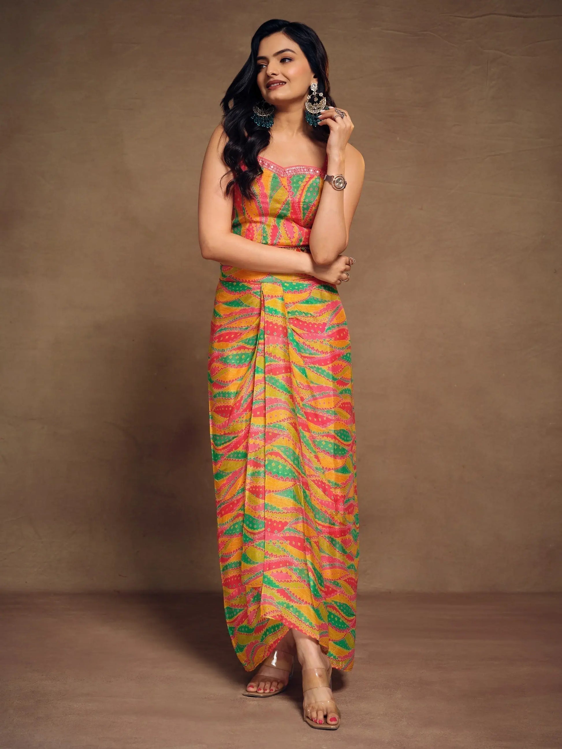 Pretty Multi-Color Printed Chinon Modern Pleated Skirt Co-Ords - Zeel Clothing