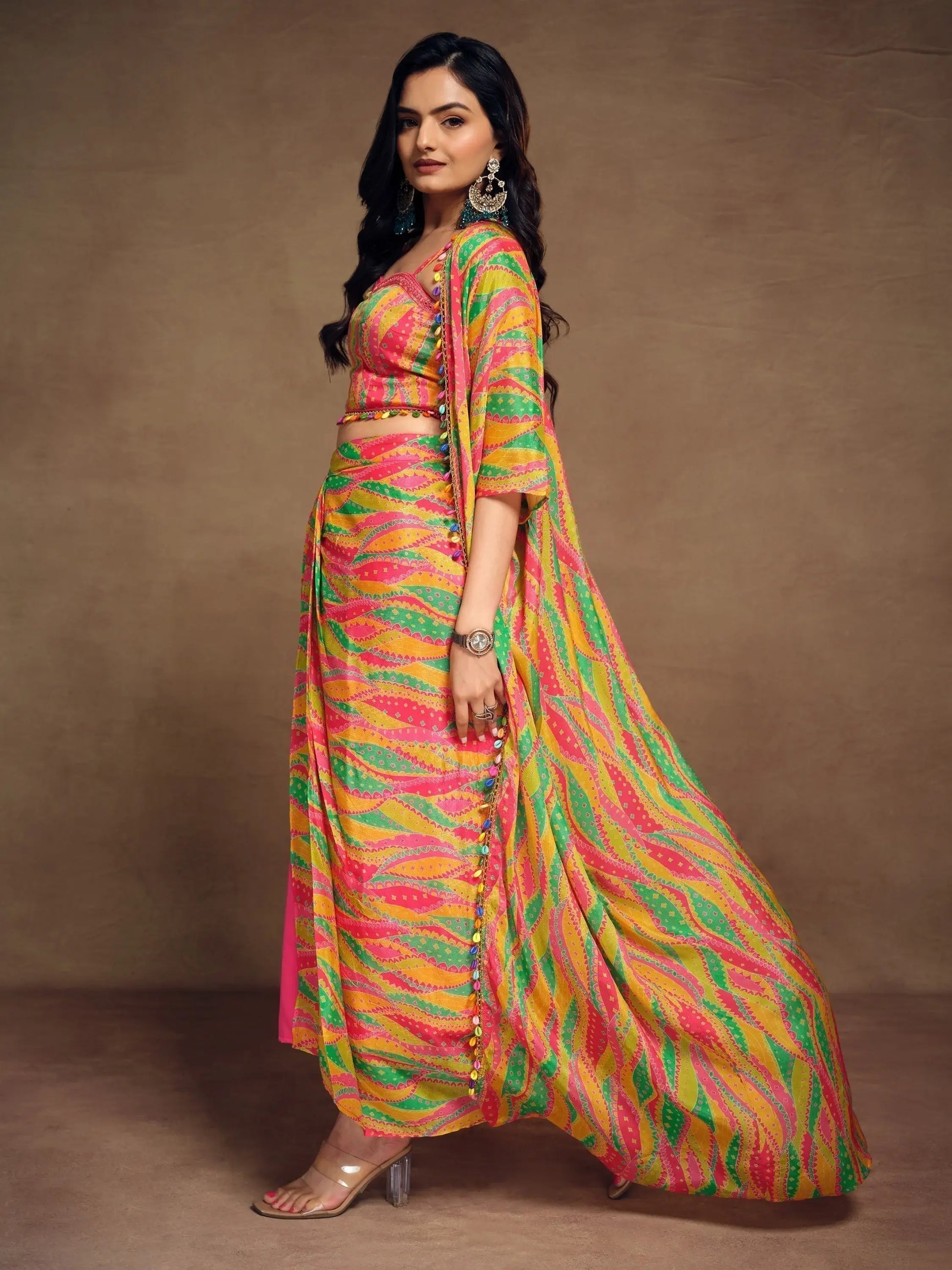 Pretty Multi-Color Printed Chinon Modern Pleated Skirt Co-Ords - Zeel Clothing