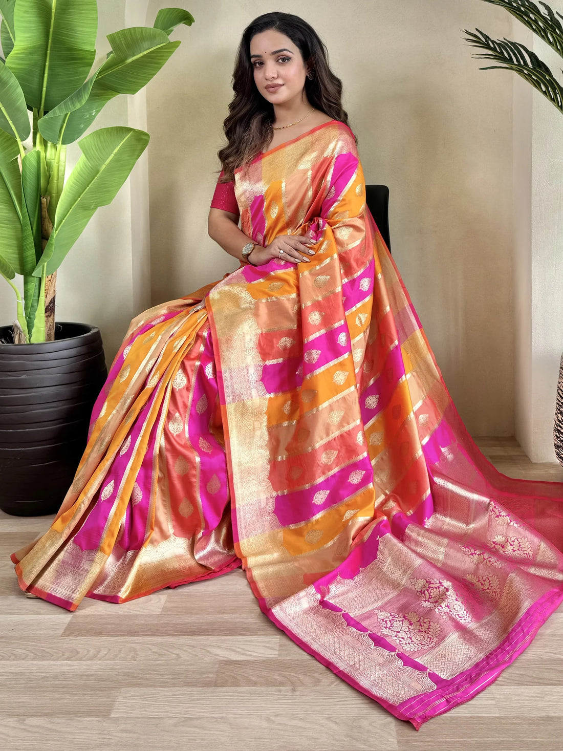 Pretty Multi-Color Zari Weaving Banarasi Silk Designer Saree With Pink Blouse - Zeel Clothing