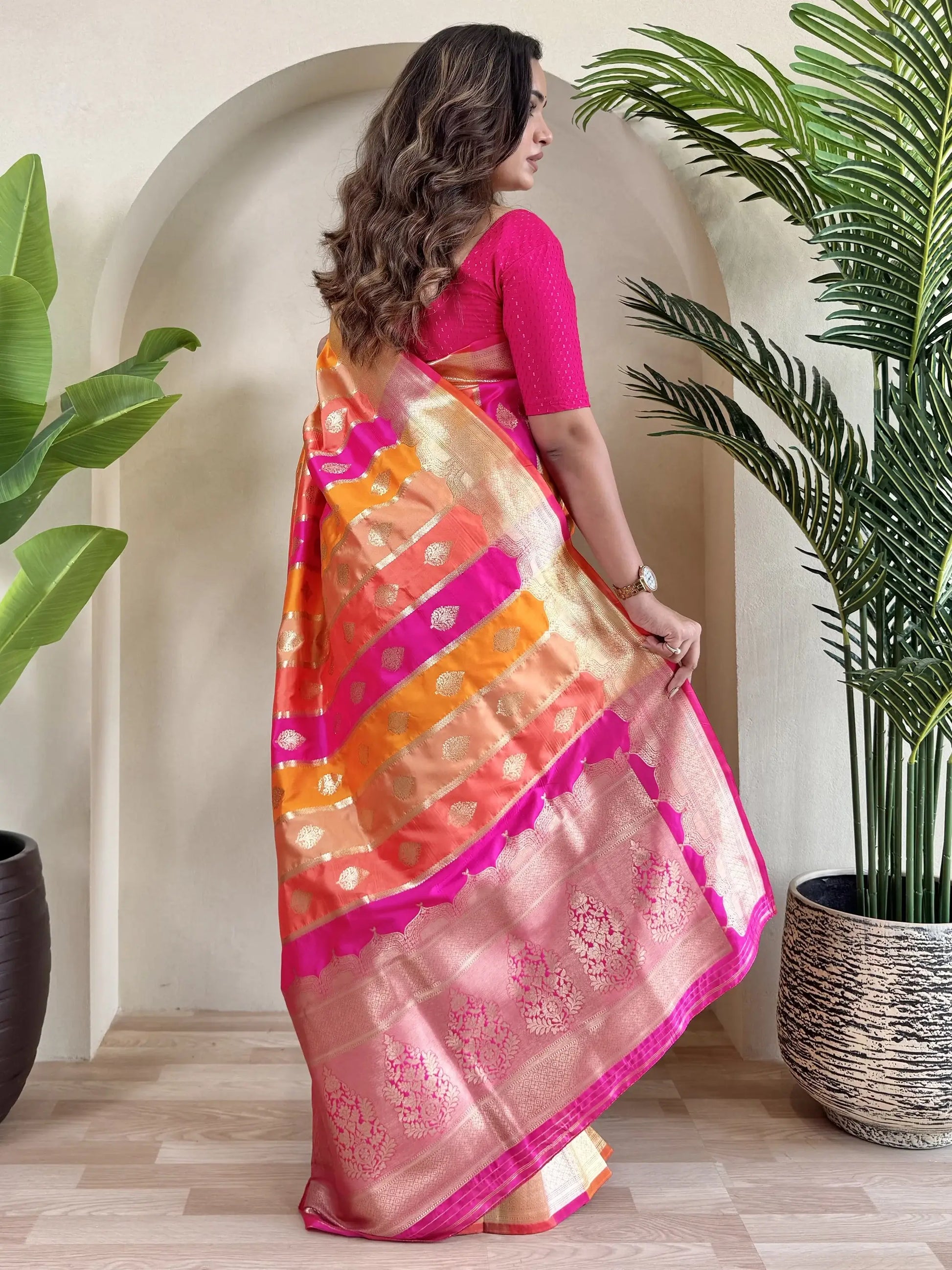 Pretty Multi-Color Zari Weaving Banarasi Silk Designer Saree With Pink Blouse - Zeel Clothing