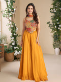 Pretty Mustard Yellow Dori Work Georgette Crop Top Palazzo With Dupatta - Zeel Clothing