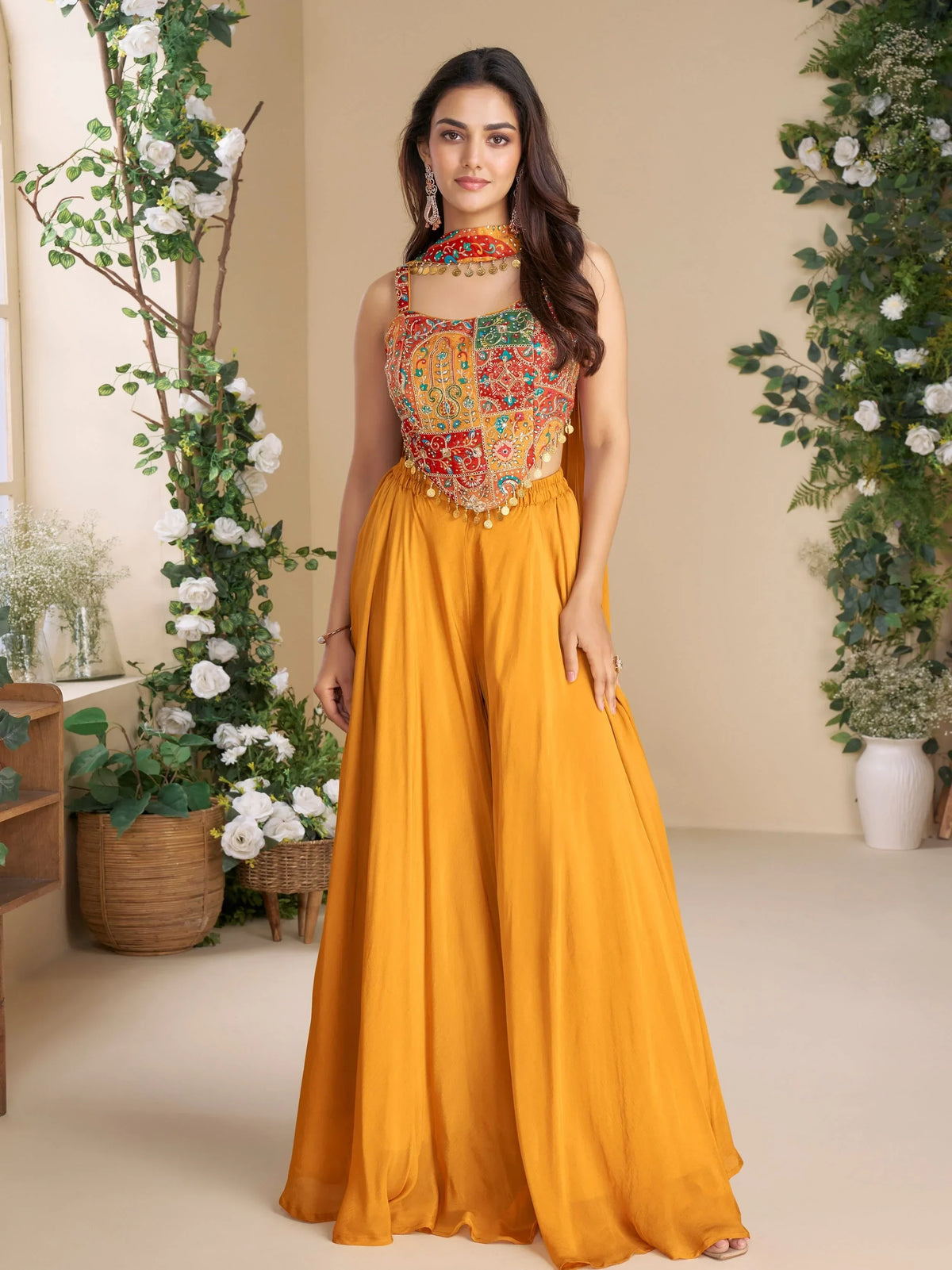 Pretty Mustard Yellow Dori Work Georgette Crop Top Palazzo With Dupatta - Zeel Clothing