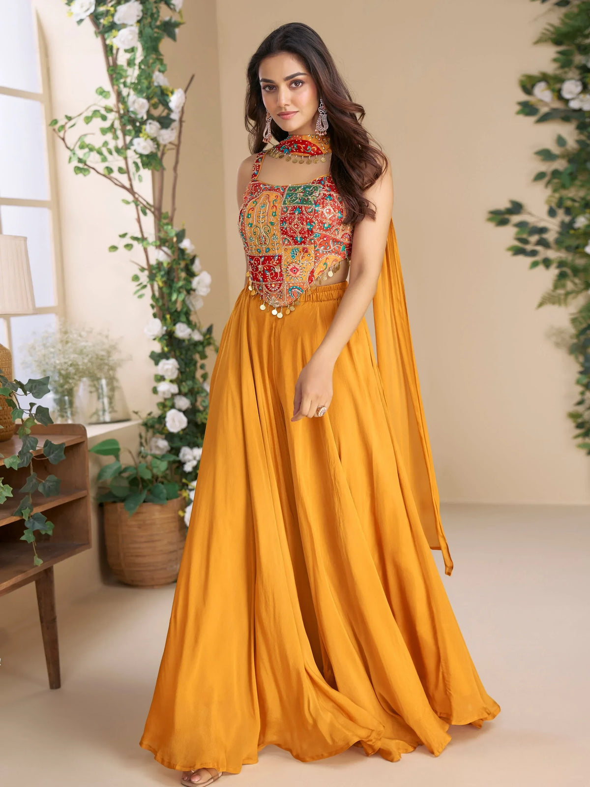 Pretty Mustard Yellow Dori Work Georgette Crop Top Palazzo With Dupatta - Zeel Clothing