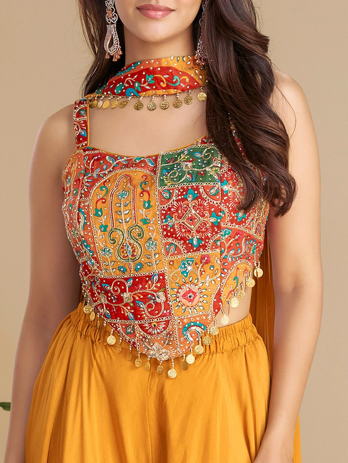 Pretty Mustard Yellow Dori Work Georgette Crop Top Palazzo With Dupatta - Zeel Clothing